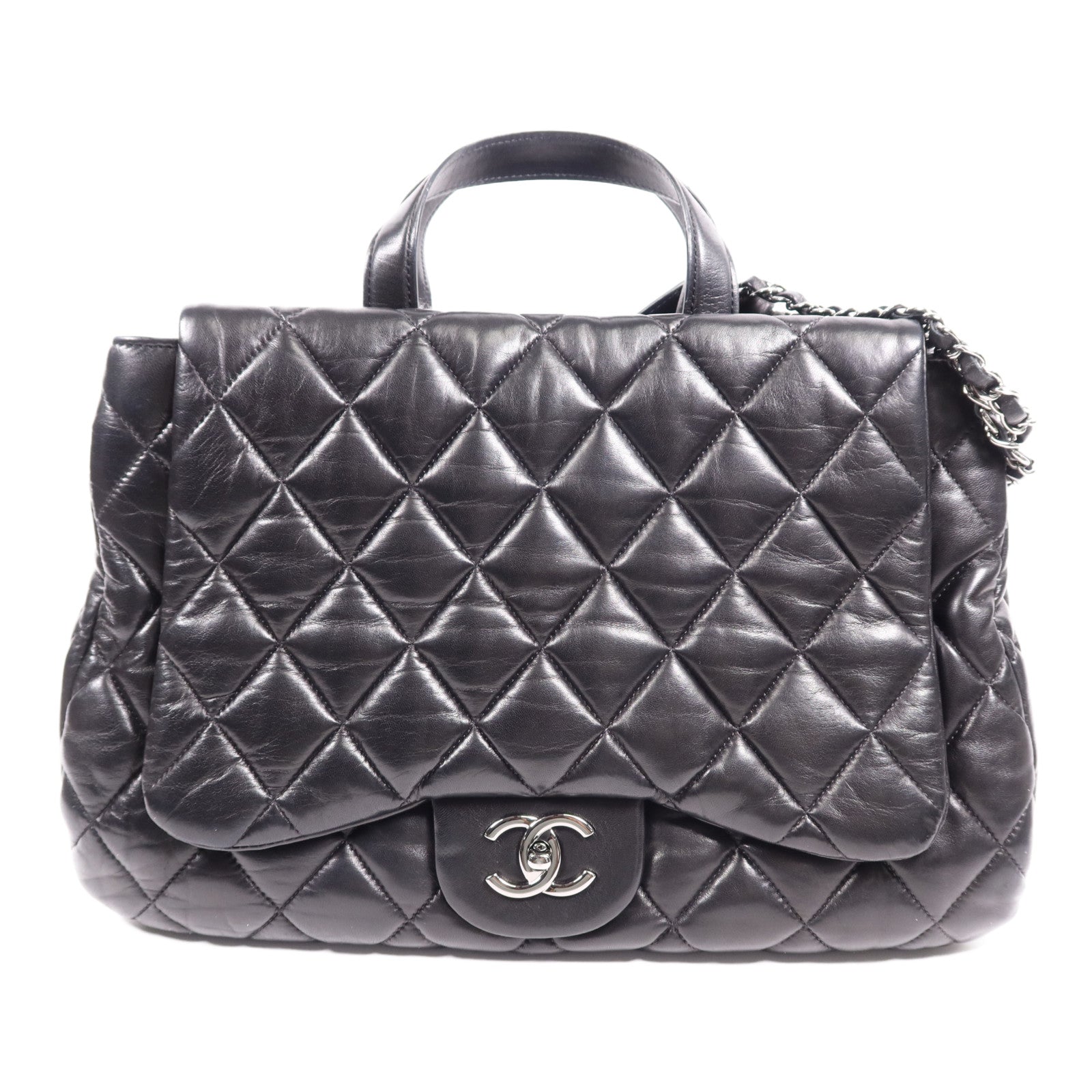 CHANEL 羊皮皮革3 Compartment Top Quilted銀扣鏈帶手挽肩背兩用袋