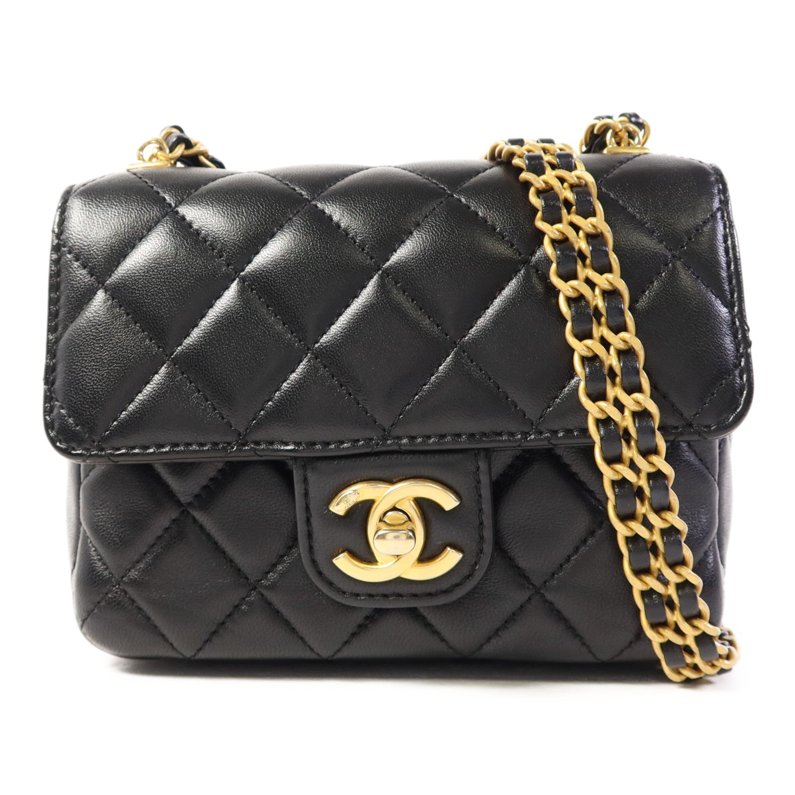 CHANEL 羊皮皮革Mini Flap Bag金扣鏈帶肩背袋