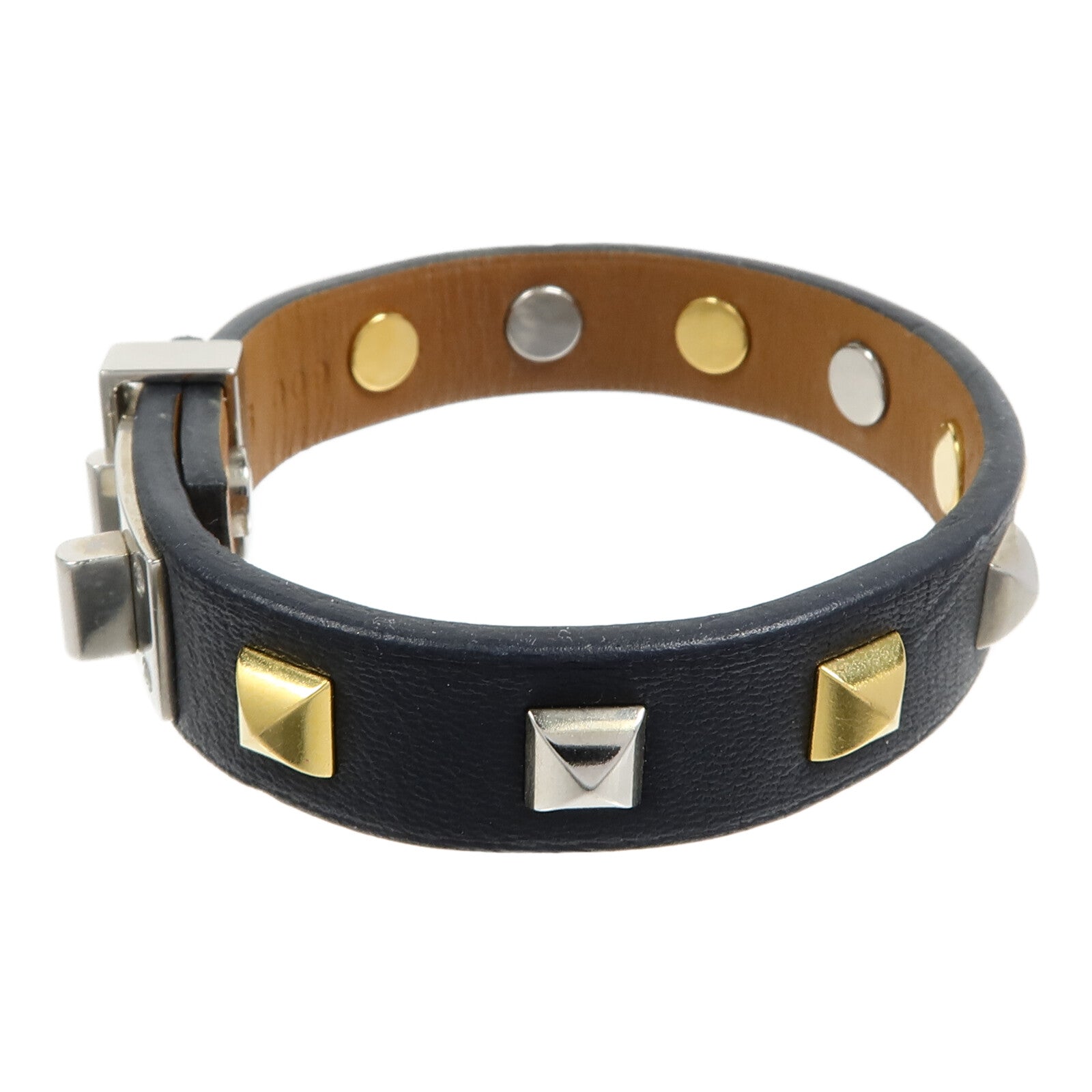 HERMES 金屬/Swift皮革Mini Dog Clous Ronds Bracelet手鐲Noir