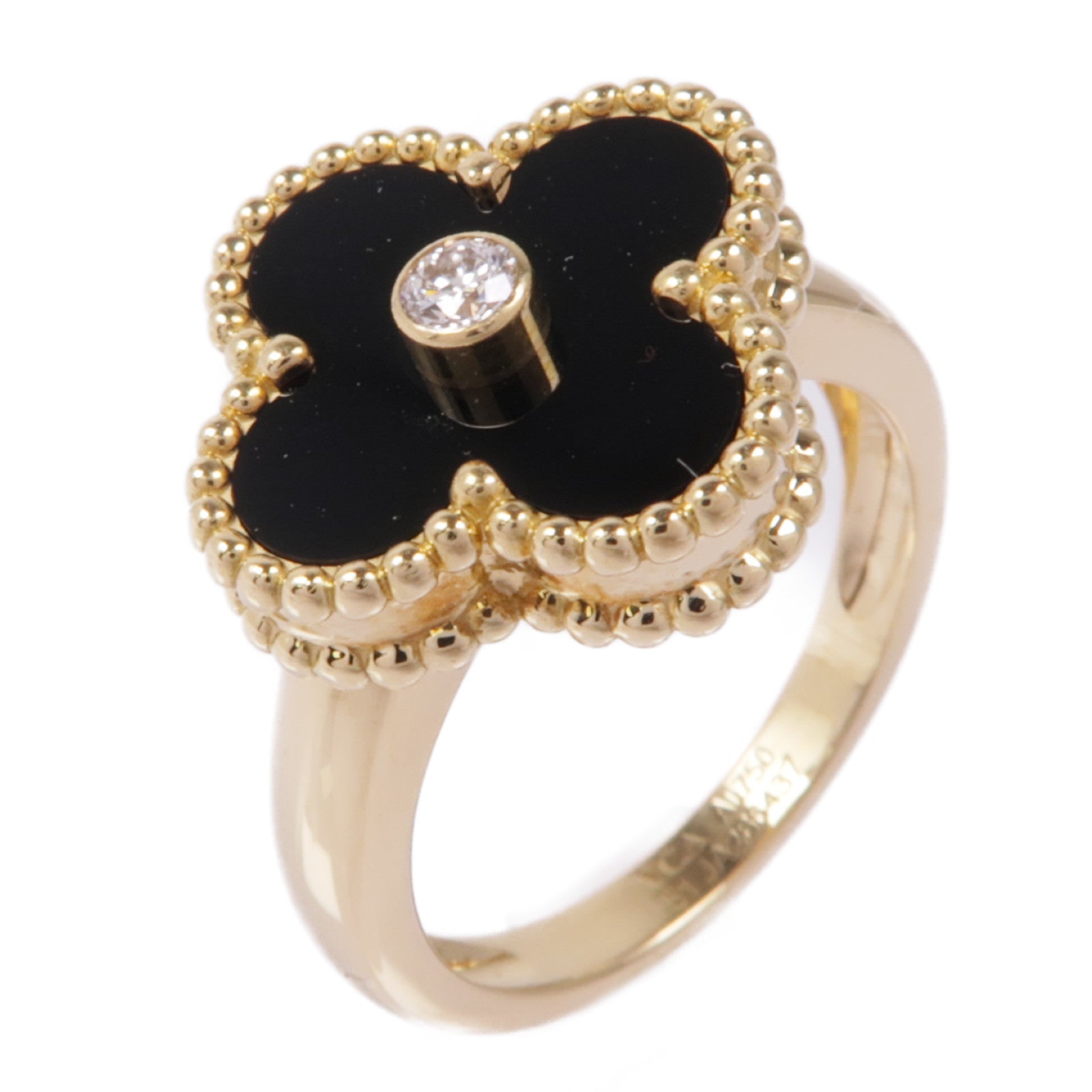 Van Cleef & Arpels 18K黃金Vintage Alhambra Ring縞瑪瑙/鑽石戒指#51/US#5.5