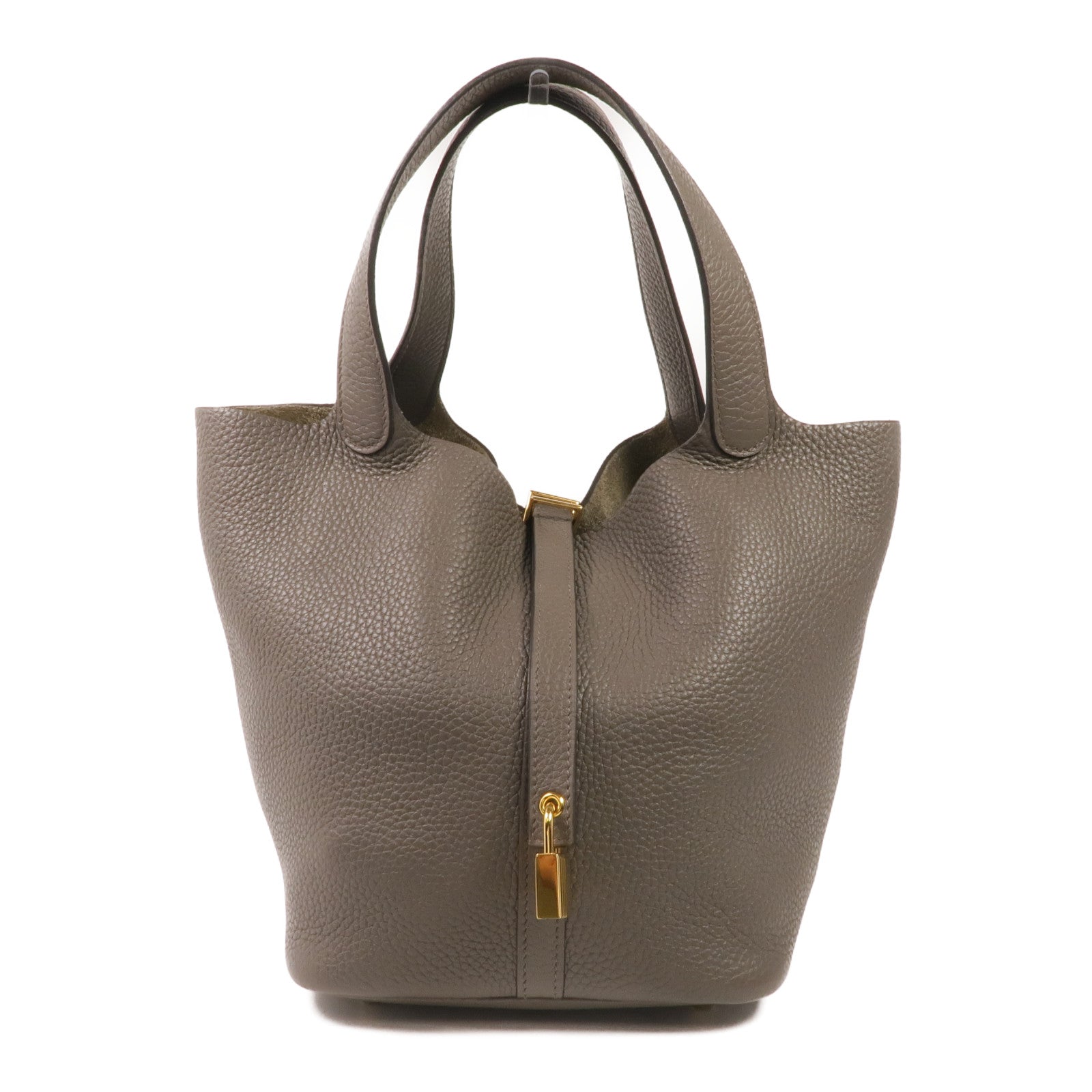 HERMES Clemence皮革Picotin MM金扣手挽袋Gris Etain