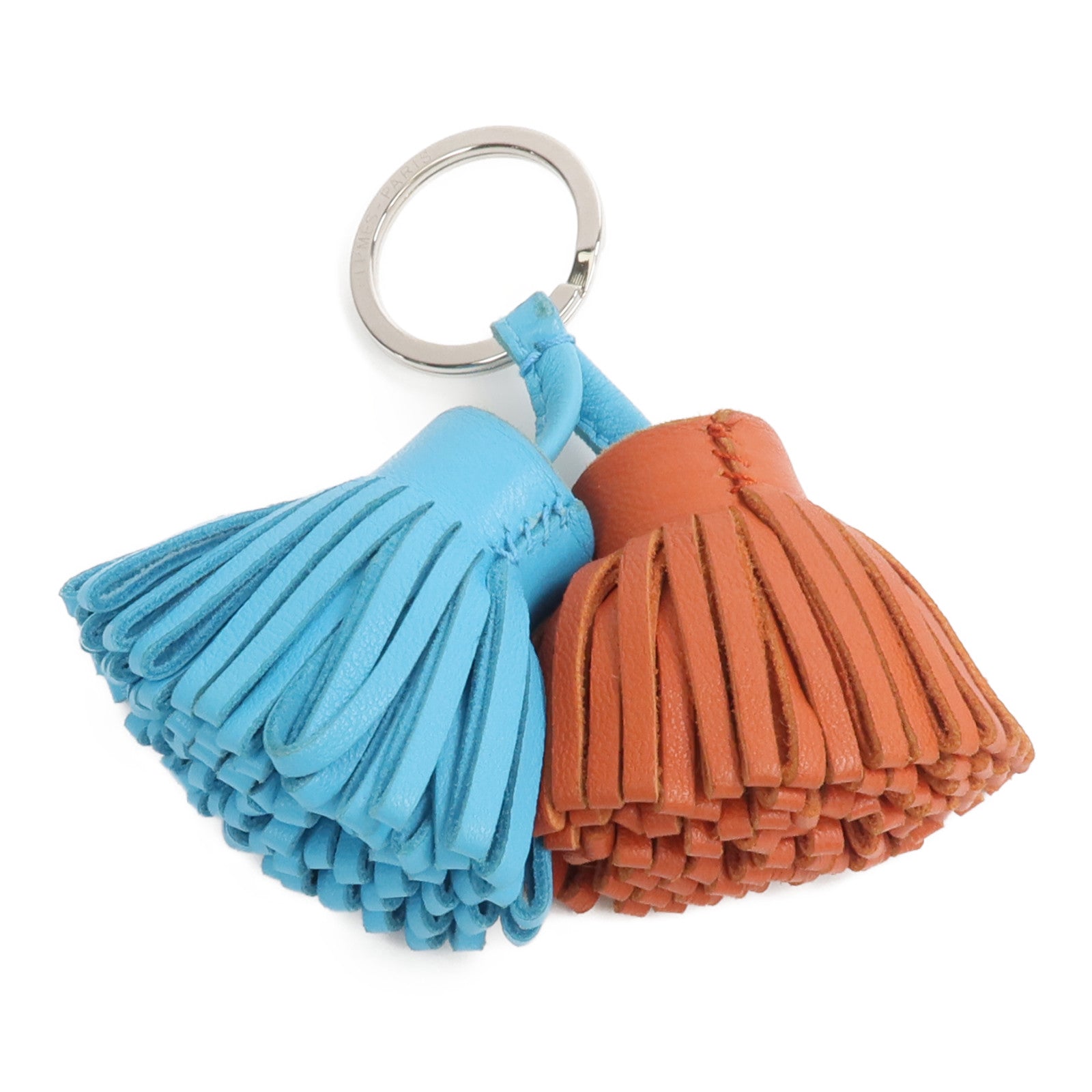 HERMES Milo皮革Carmen Uno-Dos Key Ring掛飾Orange Poppy/Bleu Azteque