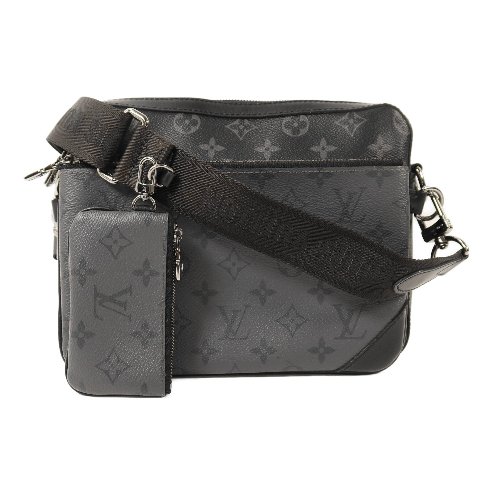 LOUIS VUITTON Monogram Eclipse Reverse Trio Messenger銀扣肩背袋灰色