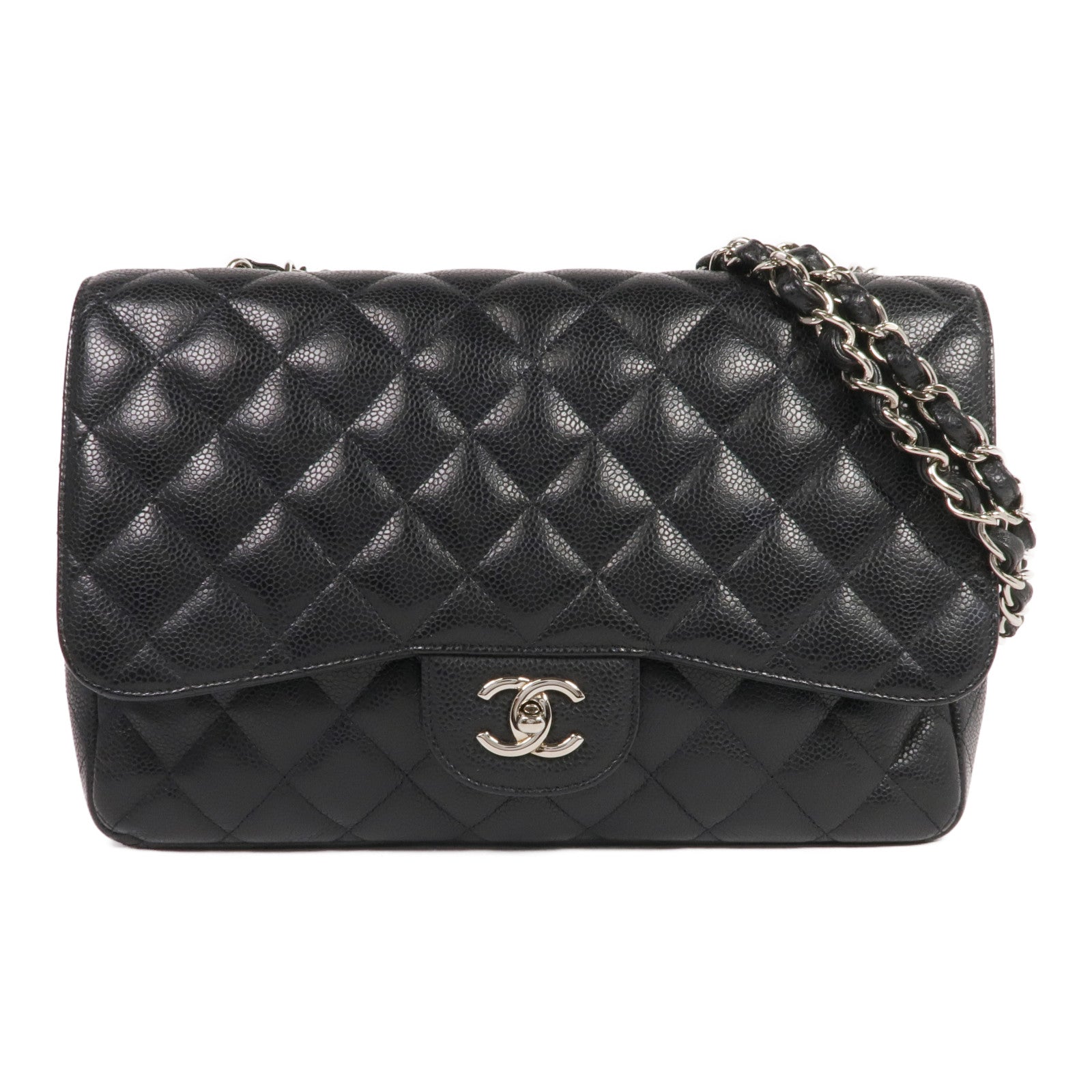 CHANEL 牛皮皮革Large Classic銀扣鏈帶肩背袋