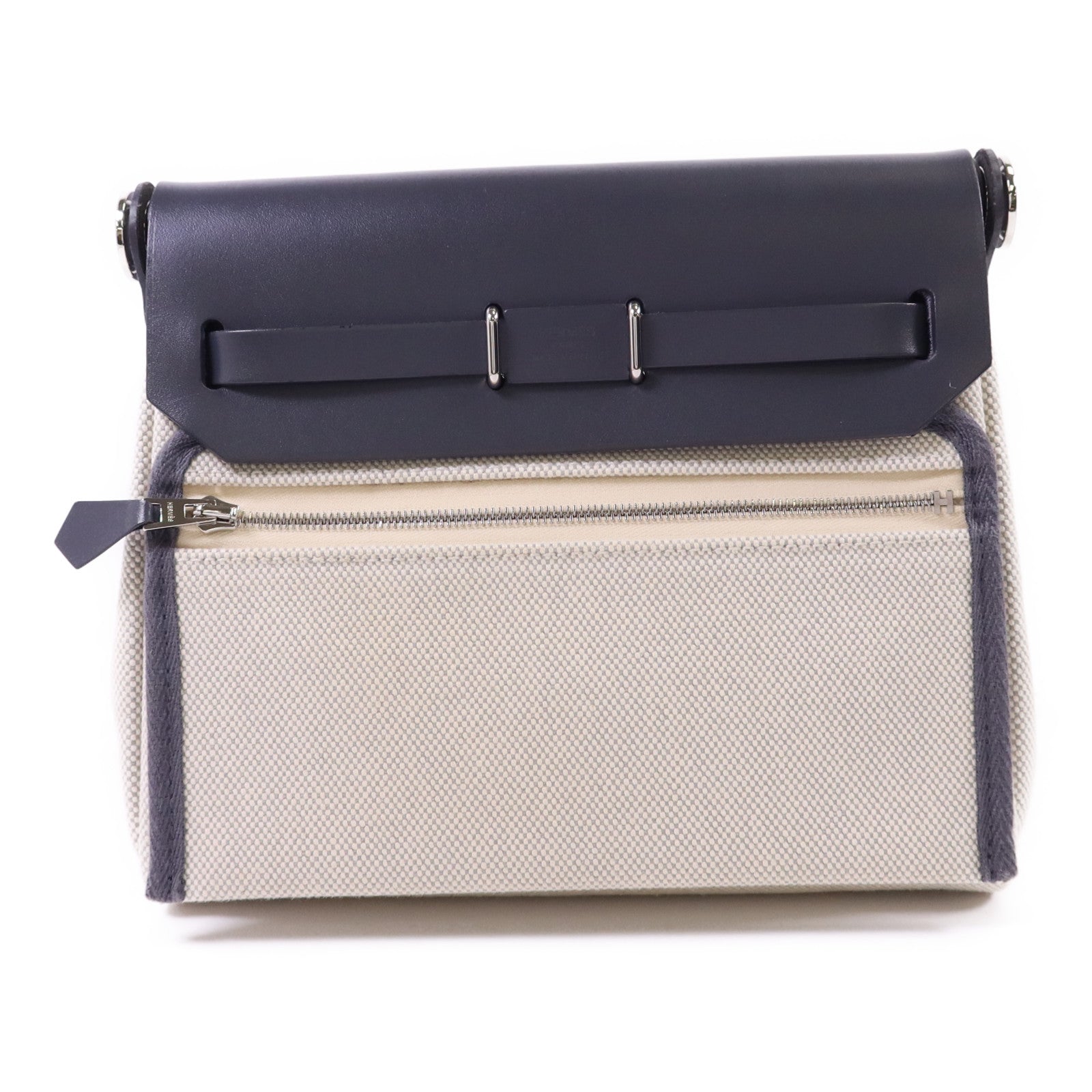 HERMES 帆布Mini Herbag銀扣肩背袋Ardoise