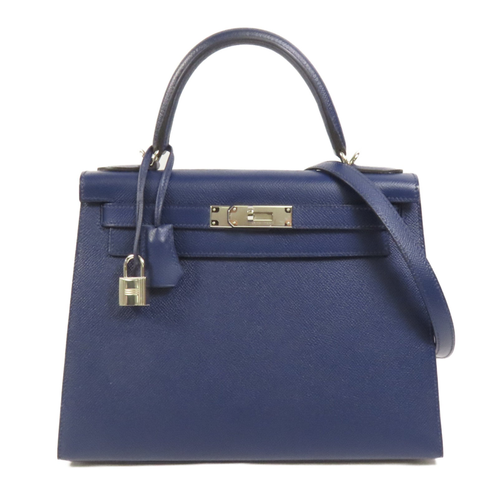 HERMES Epsom皮革Kelly 28銀扣手挽肩背兩用袋Bleu Saphir