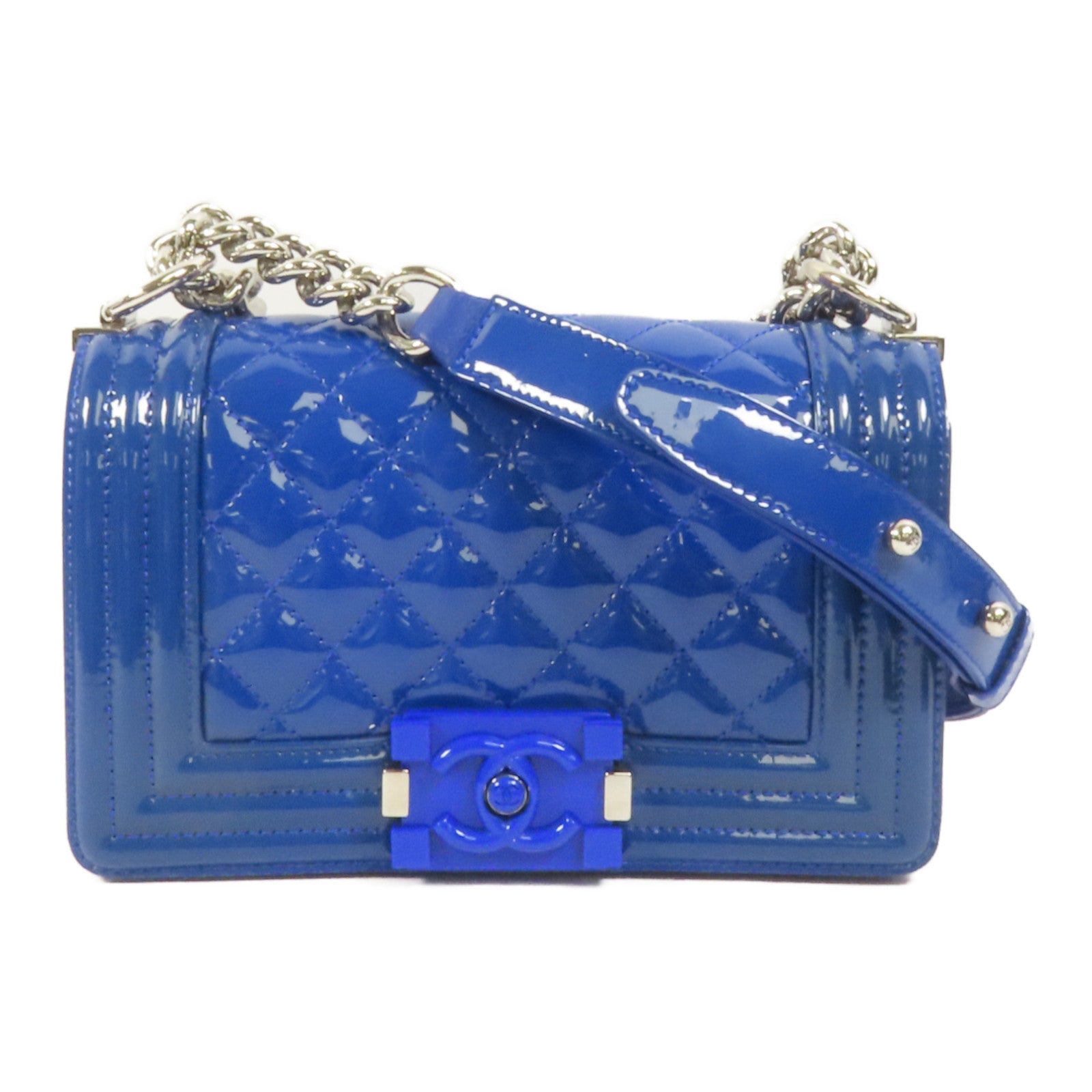 CHANEL 漆皮皮革Boy 20銀扣鏈帶肩背袋