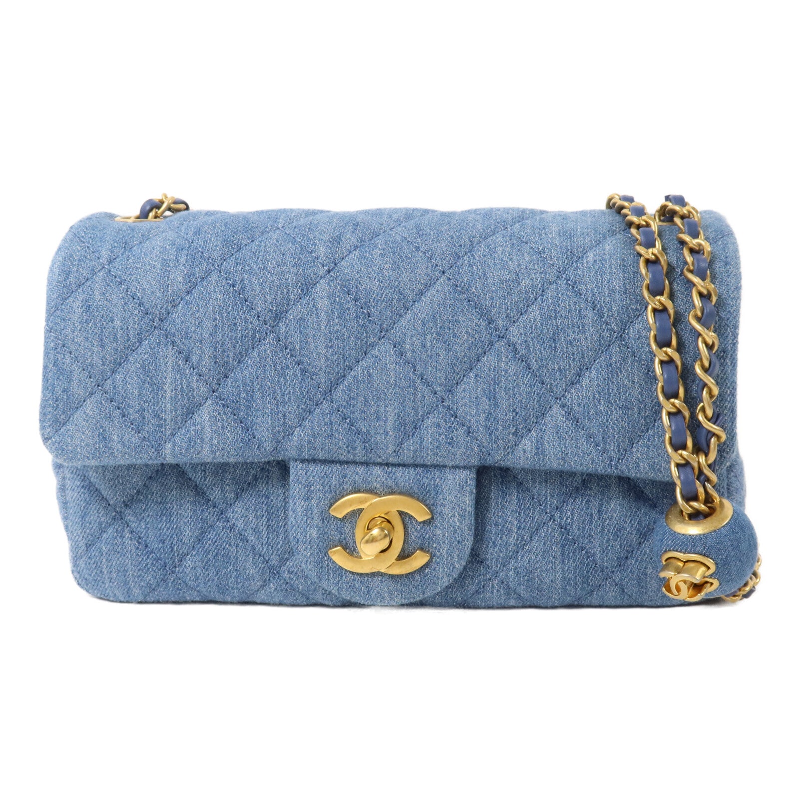 CHANEL 牛仔布Mini Classic 20 Gold Ball鏈帶肩背袋