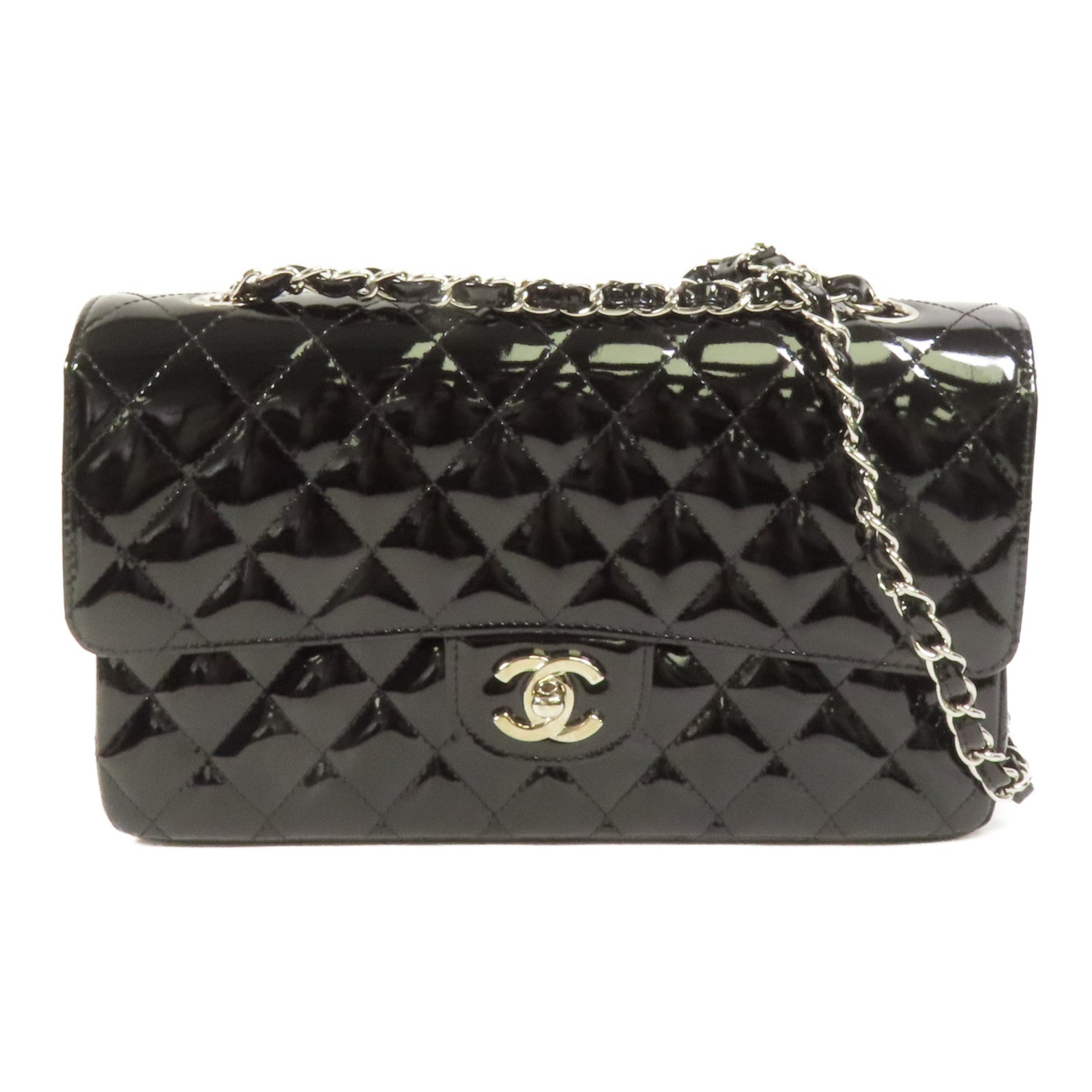 CHANEL 漆皮皮革Classic 25銀扣鏈帶肩背袋