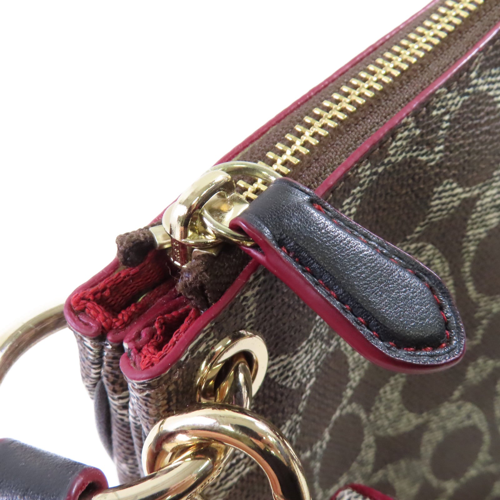 COACH 塗層帆布2Way Shoulder Bag銀扣手挽肩背兩用袋啡色/酒紅色