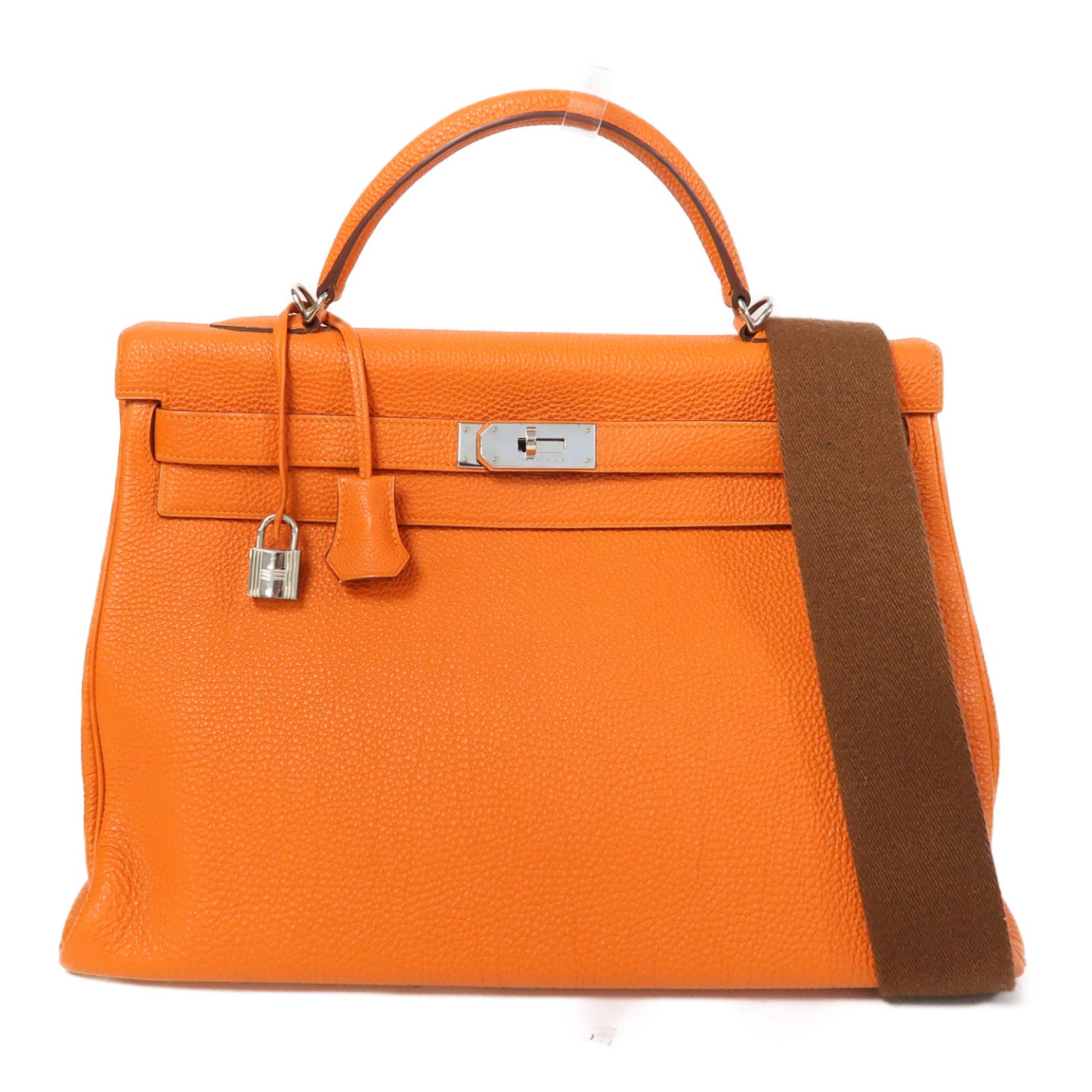 HERMES Togo Leather Kelly 40 Silver Buckle Hand Bag Orange