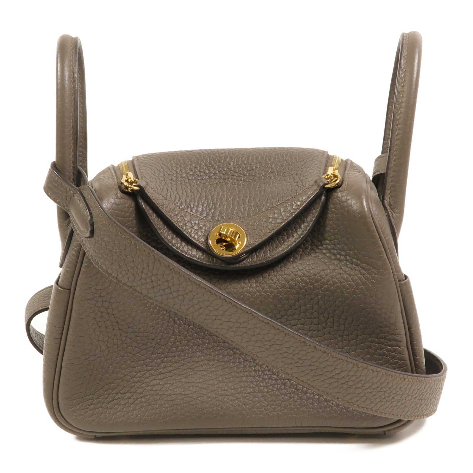 HERMES Clemence皮革Mini Lindy金扣手挽肩背兩用袋Etain