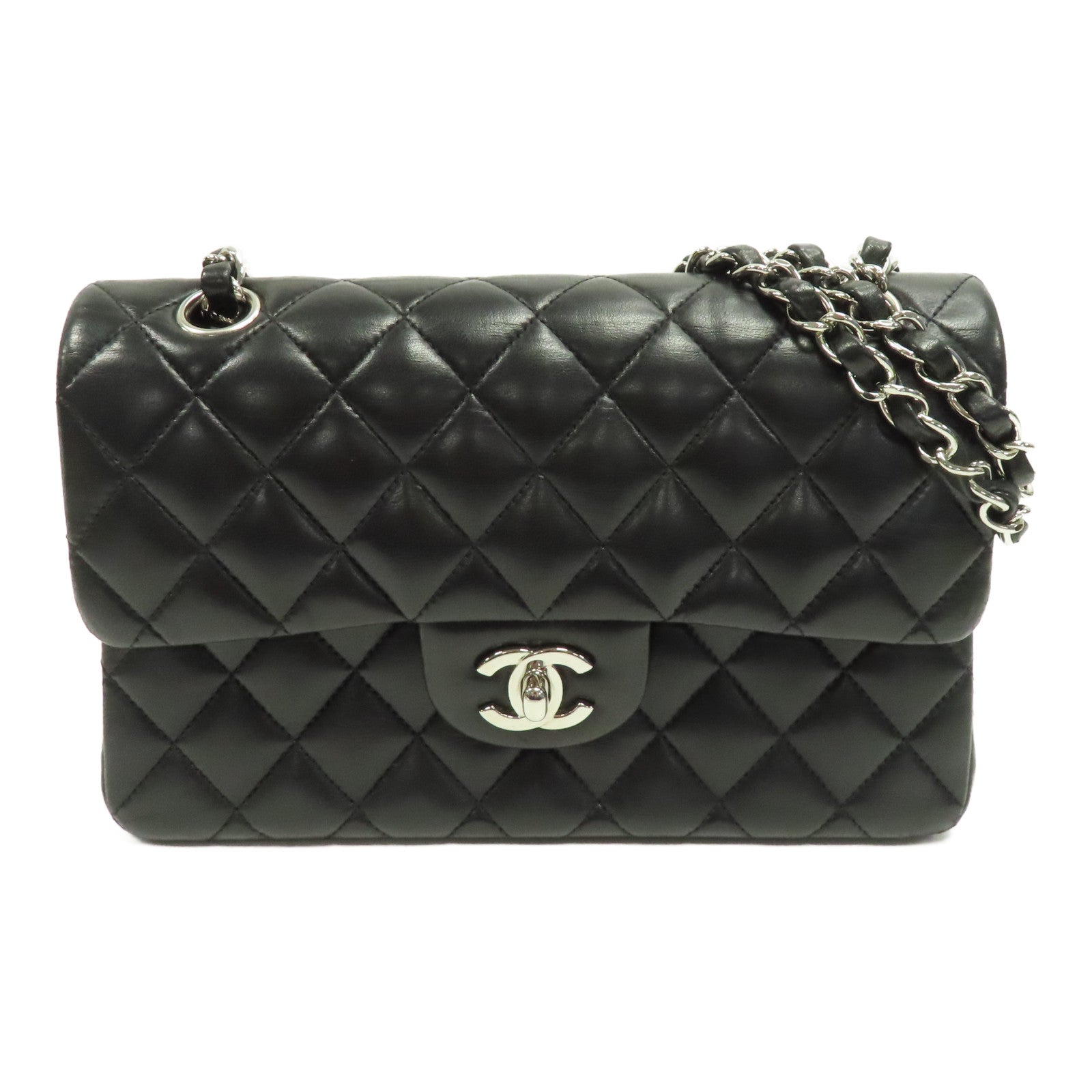 CHANEL 菱格羊皮皮革Classic Flap 23銀扣鏈帶肩背袋黑色