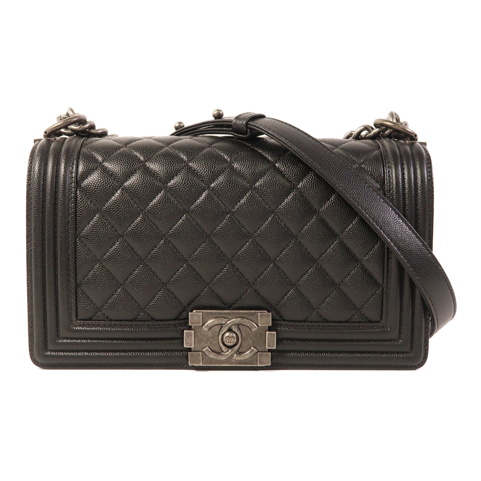 CHANEL 牛皮皮革Boy 25銀扣鏈帶肩背袋