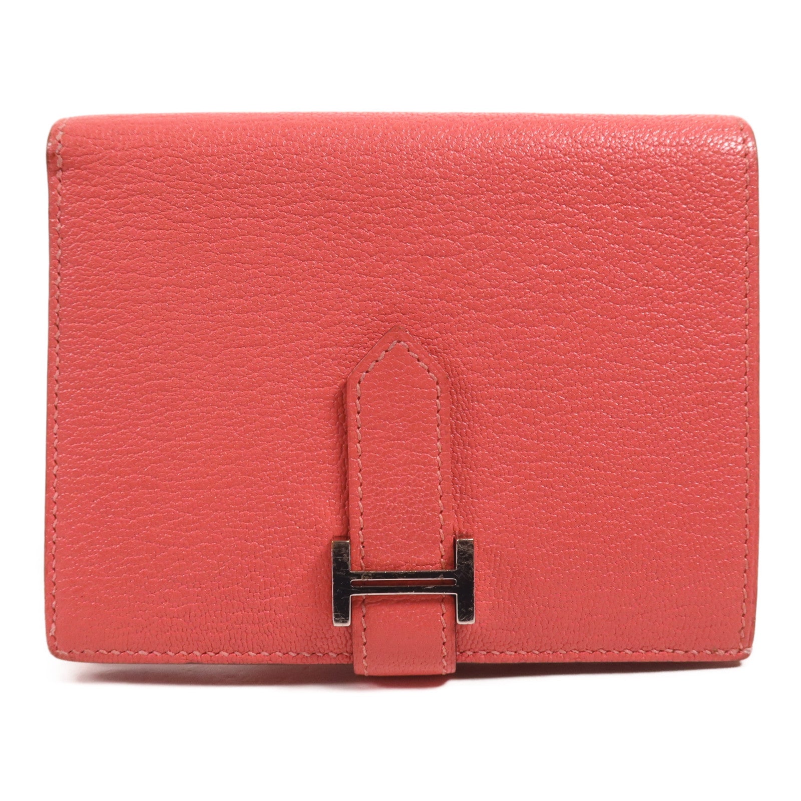 HERMES Chevre皮革Bearn Compact Wallet銀扣錢包Rose Azalee