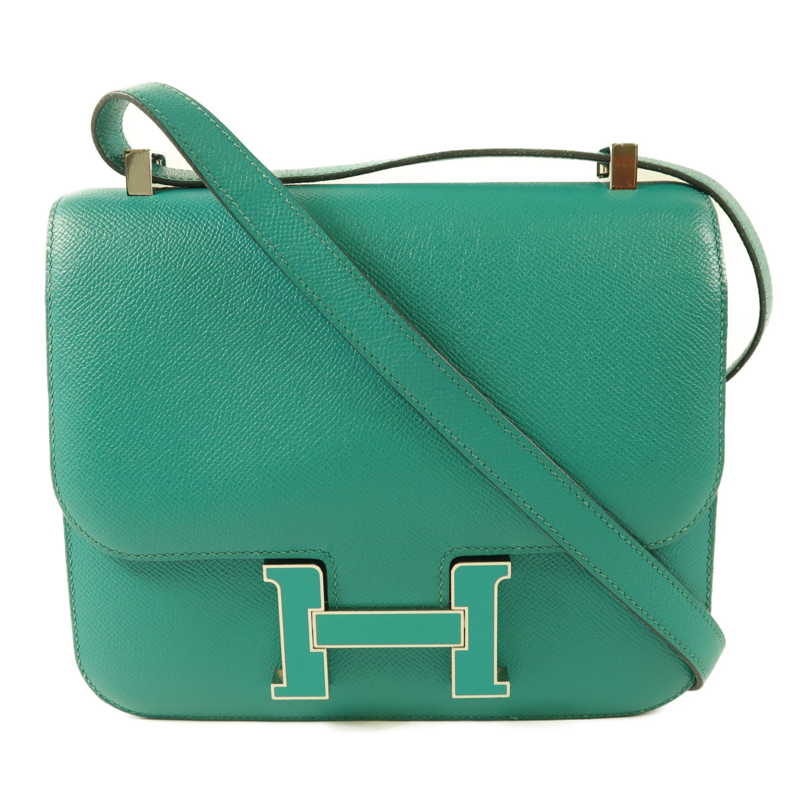 HERMES Epsom皮革Constance 24銀扣肩背袋Blue Paon/Menthe
