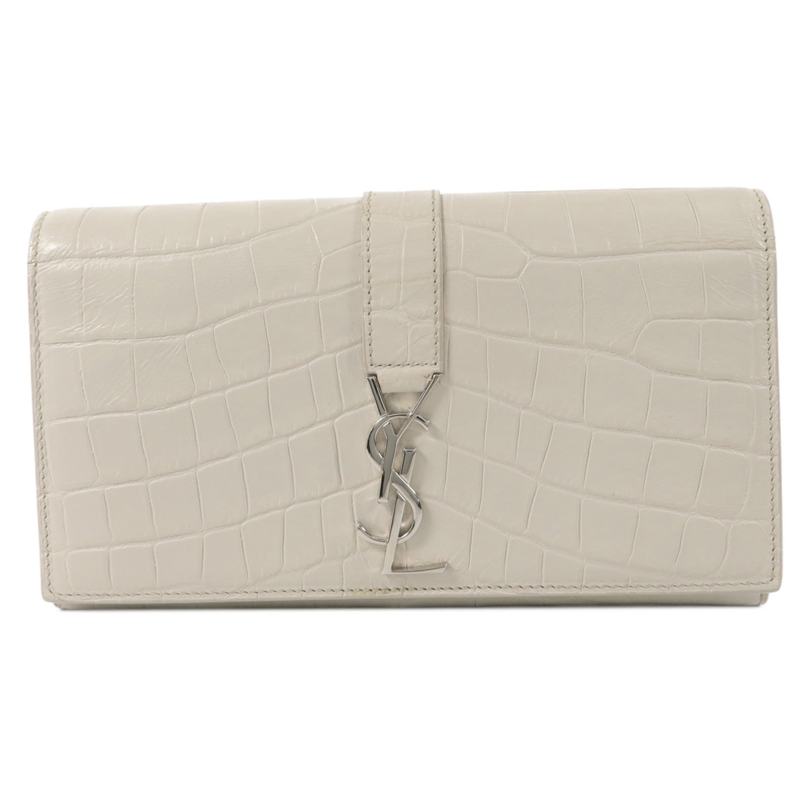 YVES SAINT LAURENT 牛皮皮革Crocodile Embossed Flap Long Wallet長錢包