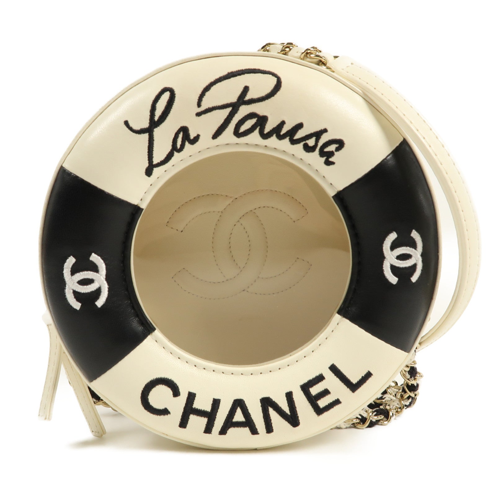 CHANEL 羊皮皮革Coco Life Saver Round Bag金扣鏈帶肩背袋