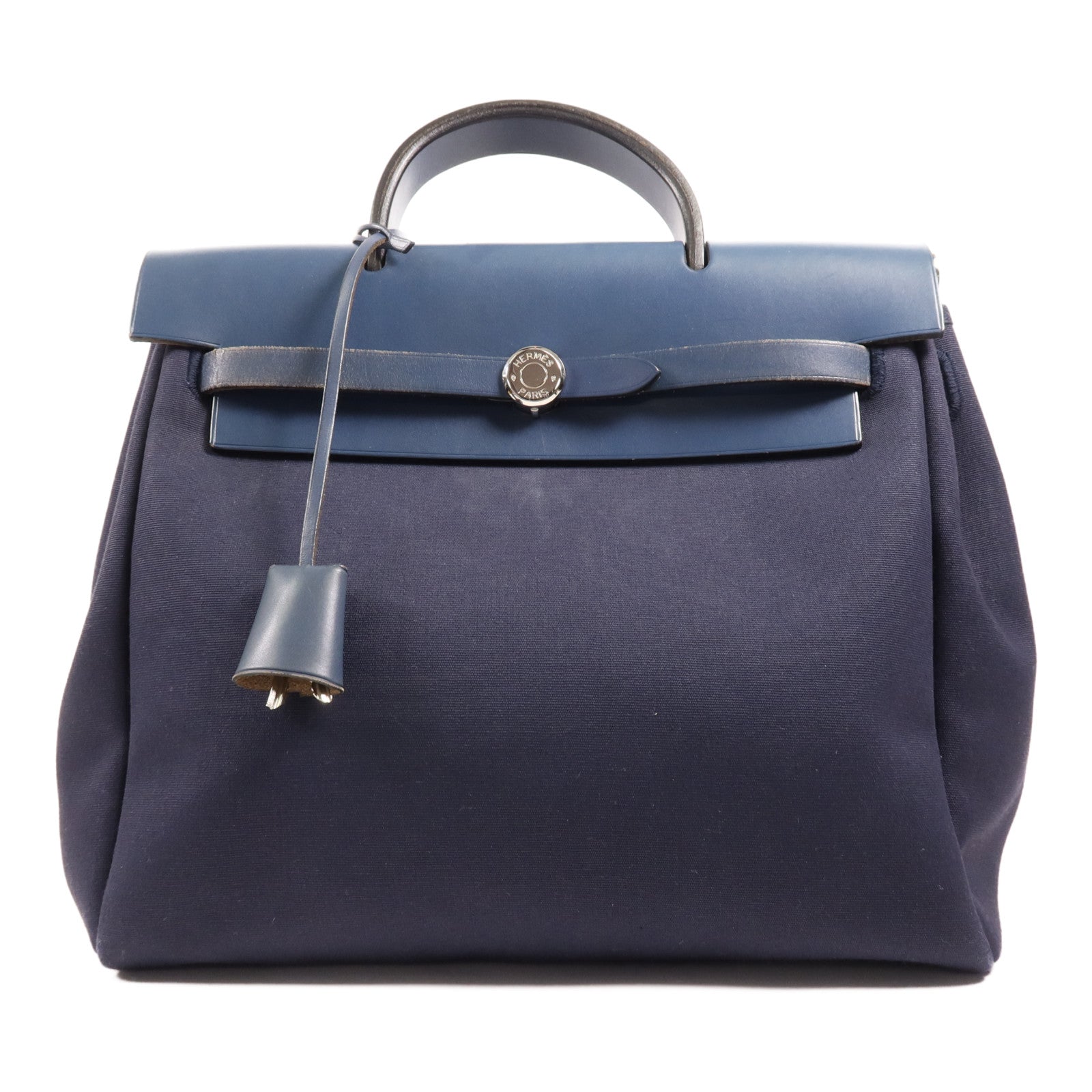 HERMES 帆布/皮革Herbag Backpack銀扣背包Navy