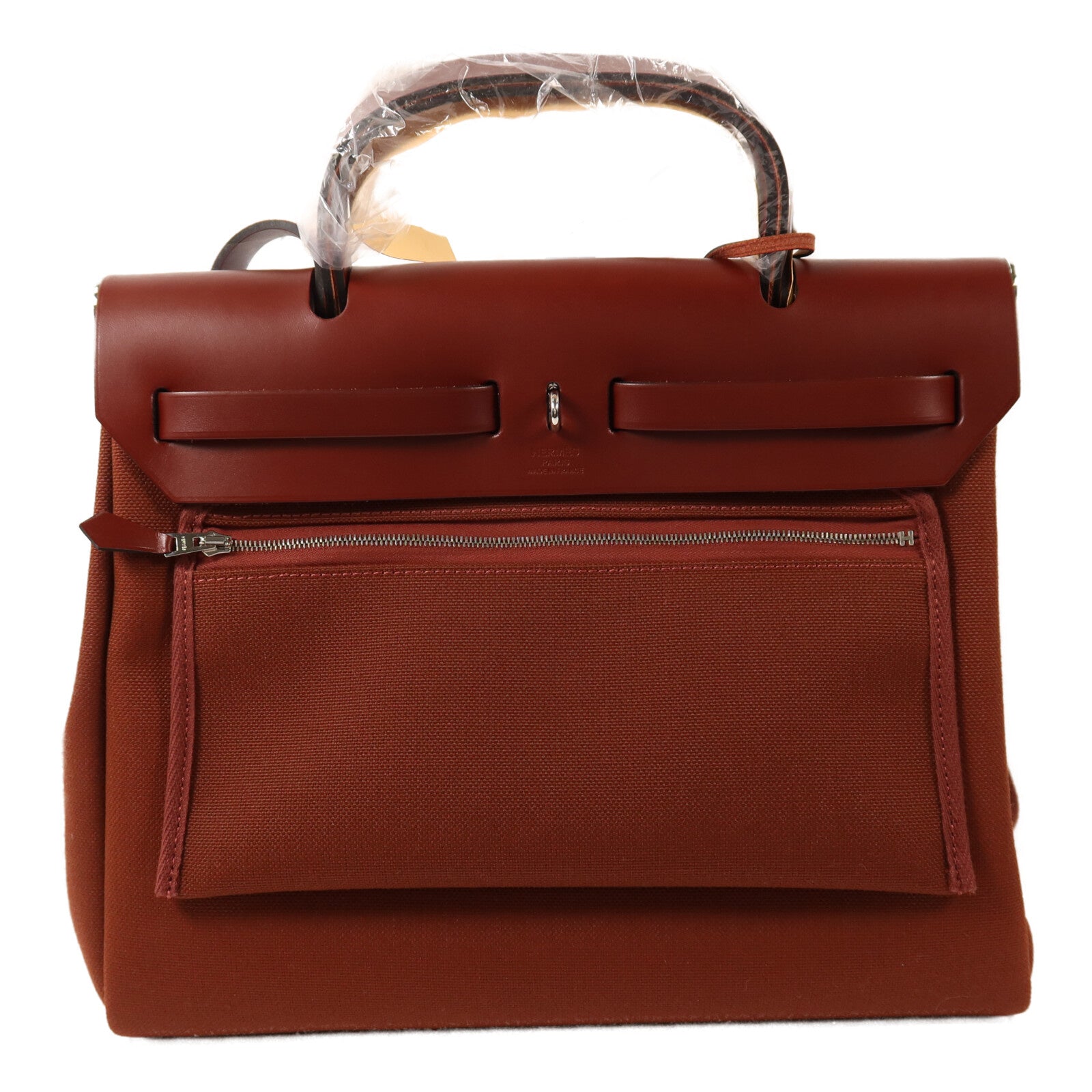 HERMES 帆布Herbag PM銀扣手挽肩背兩用袋Rouge H