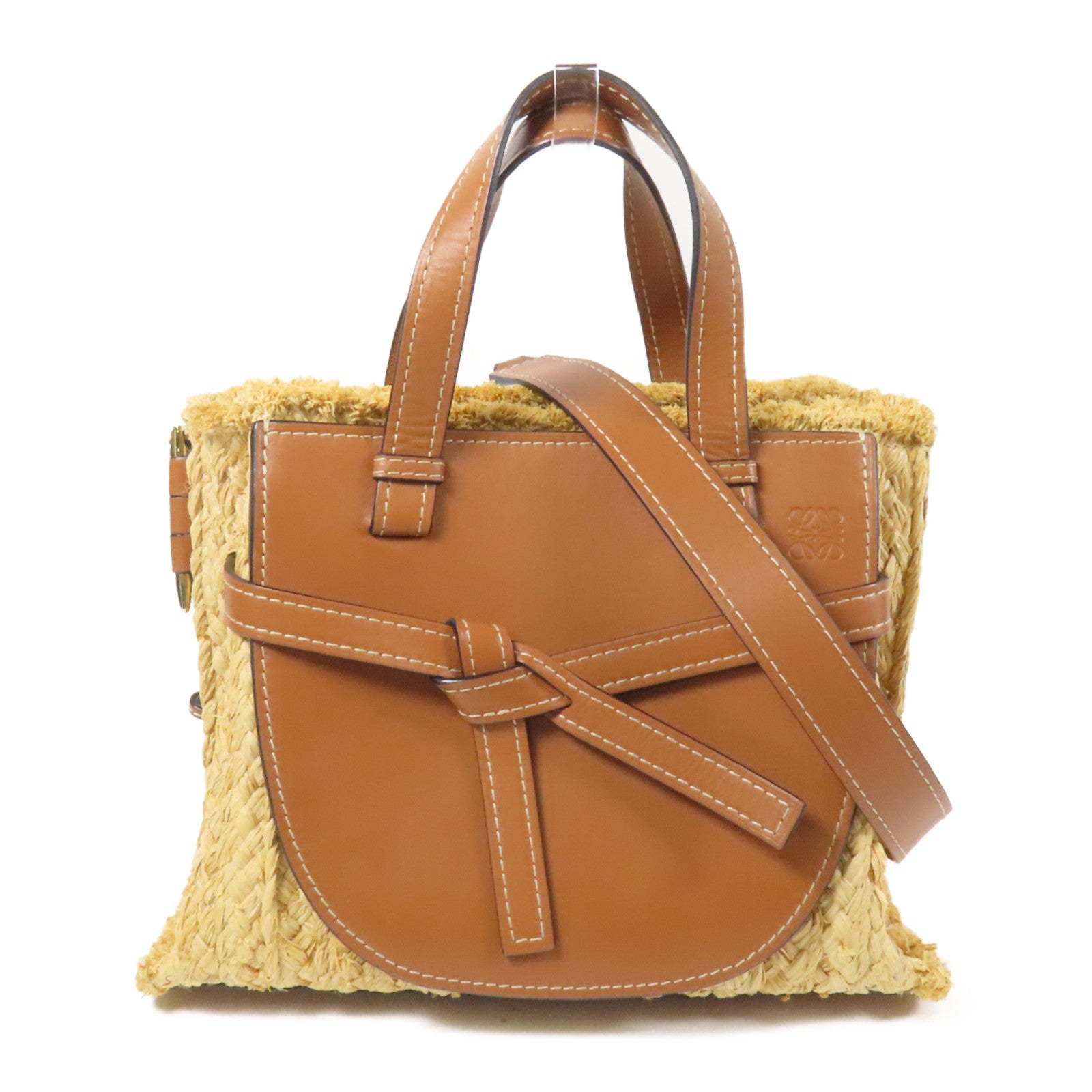 LOEWE Raffia/牛皮皮革Gate Tote Bag金扣手挽肩背兩用袋
