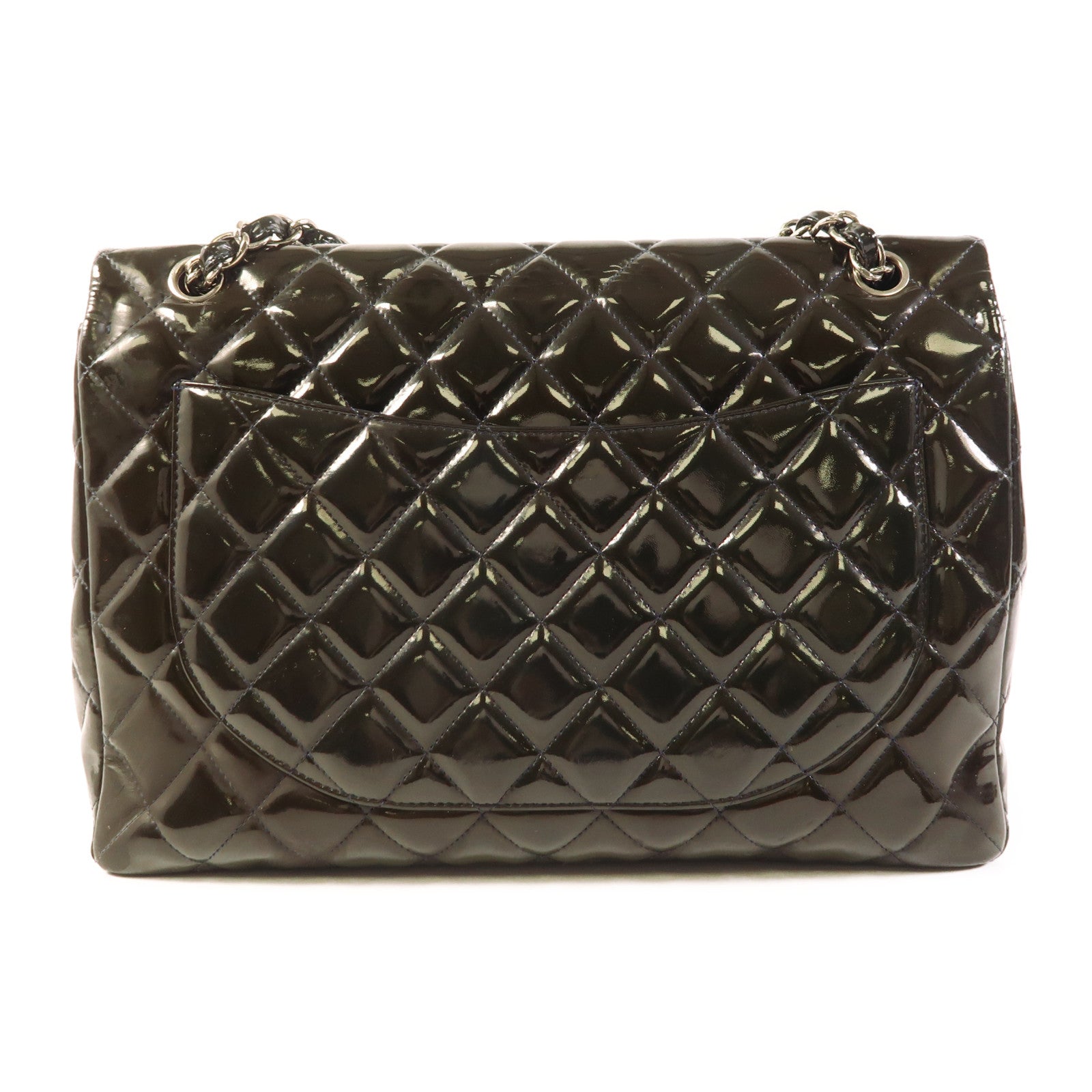 CHANEL 漆皮皮革Maxi Classic銀扣鏈帶肩背袋