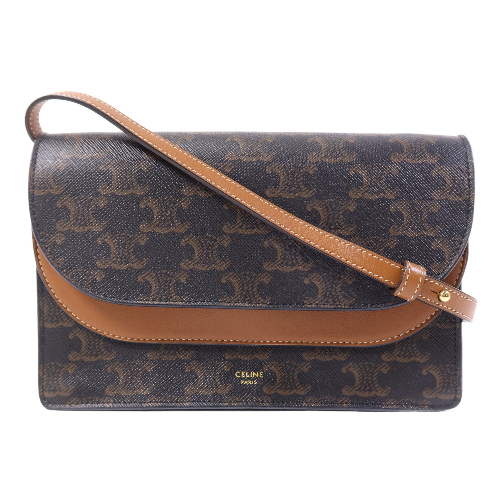 CELINE 塗層帆布Triomphe Wallet On Strap金扣肩背袋