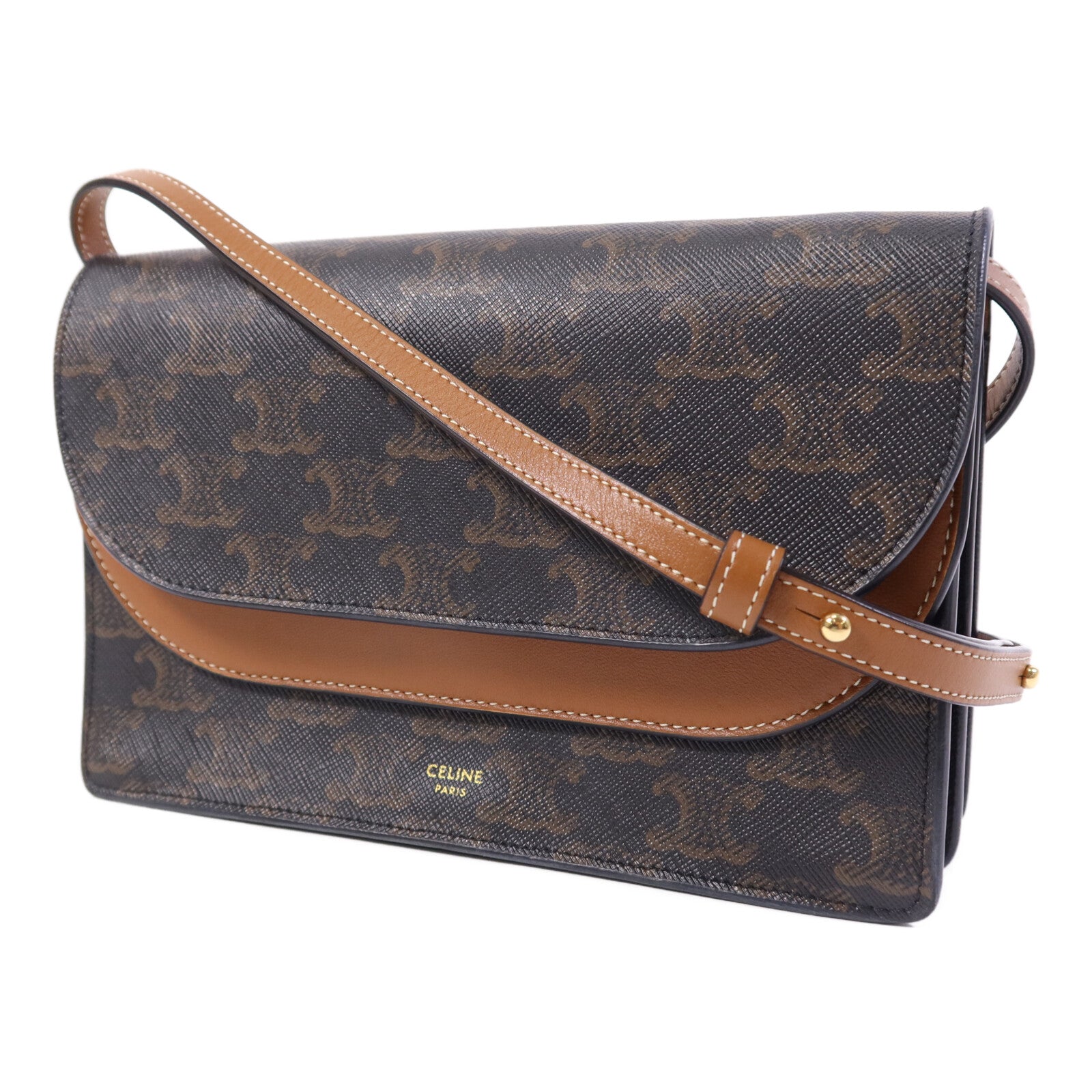 CELINE 塗層帆布Triomphe Wallet On Strap金扣肩背袋