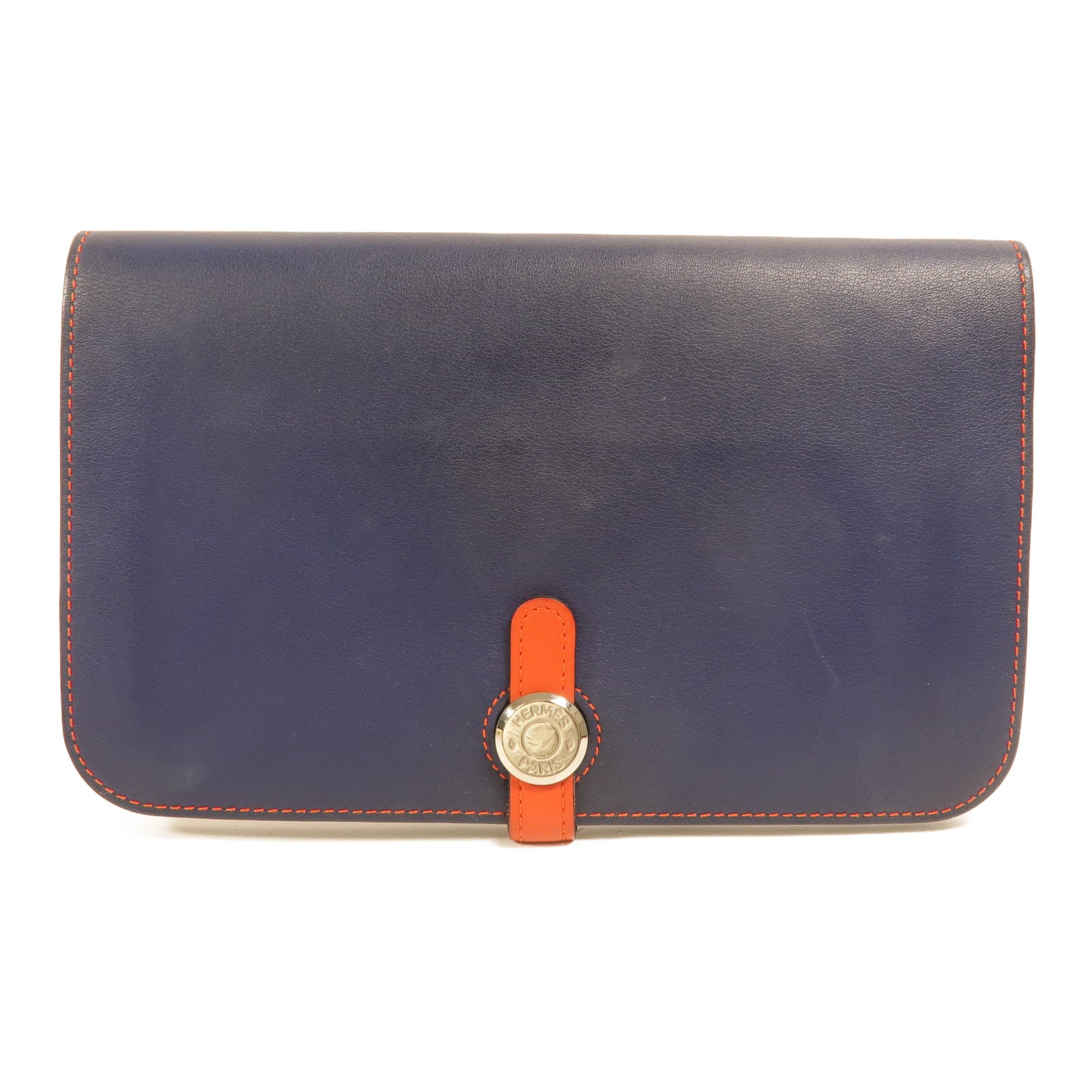 HERMES Swift皮革Dogon GM長錢包Bleu Marine/Feu