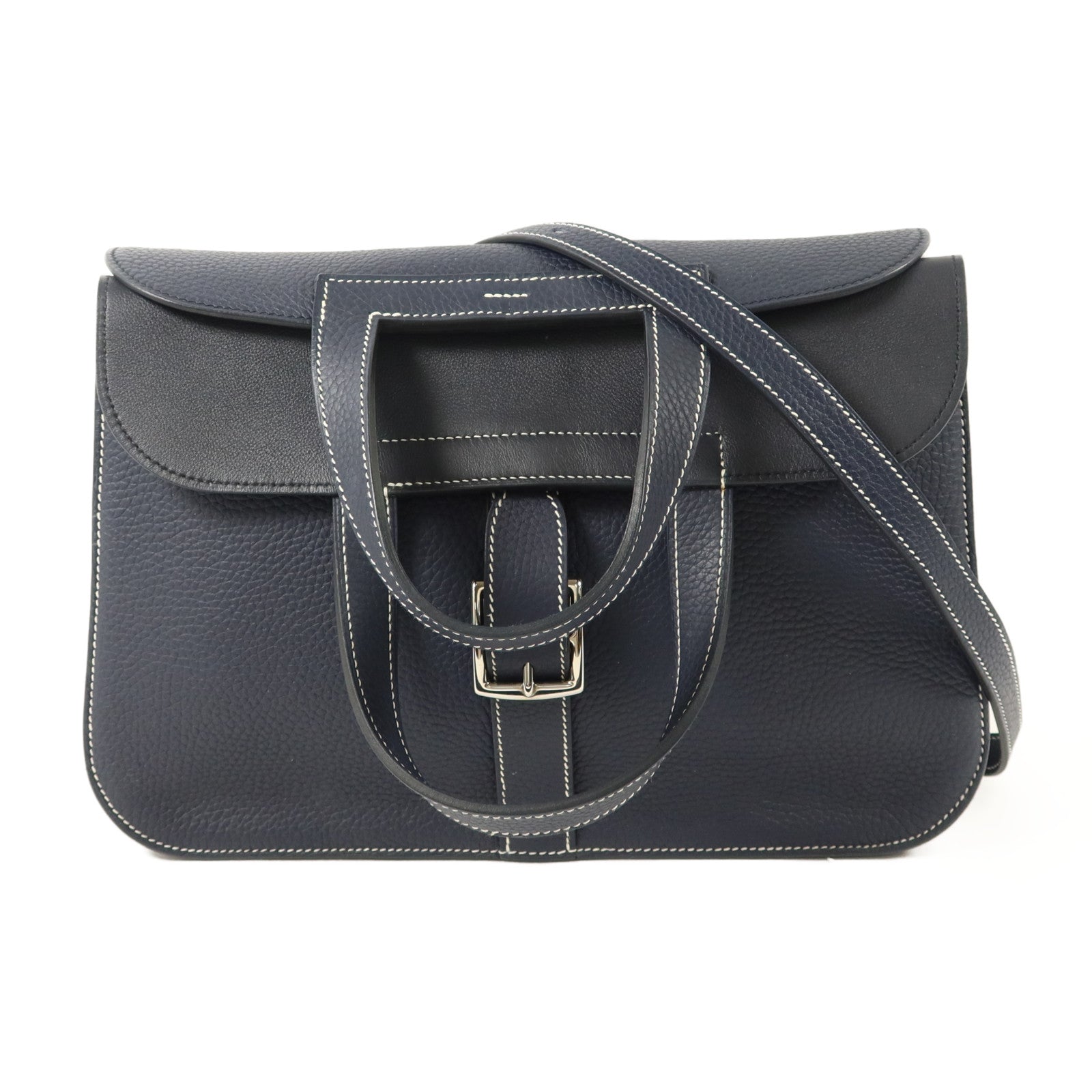 HERMES Clemence皮革Halzan 31手挽肩背兩用袋Bleu Indigo/Bleu Nuit
