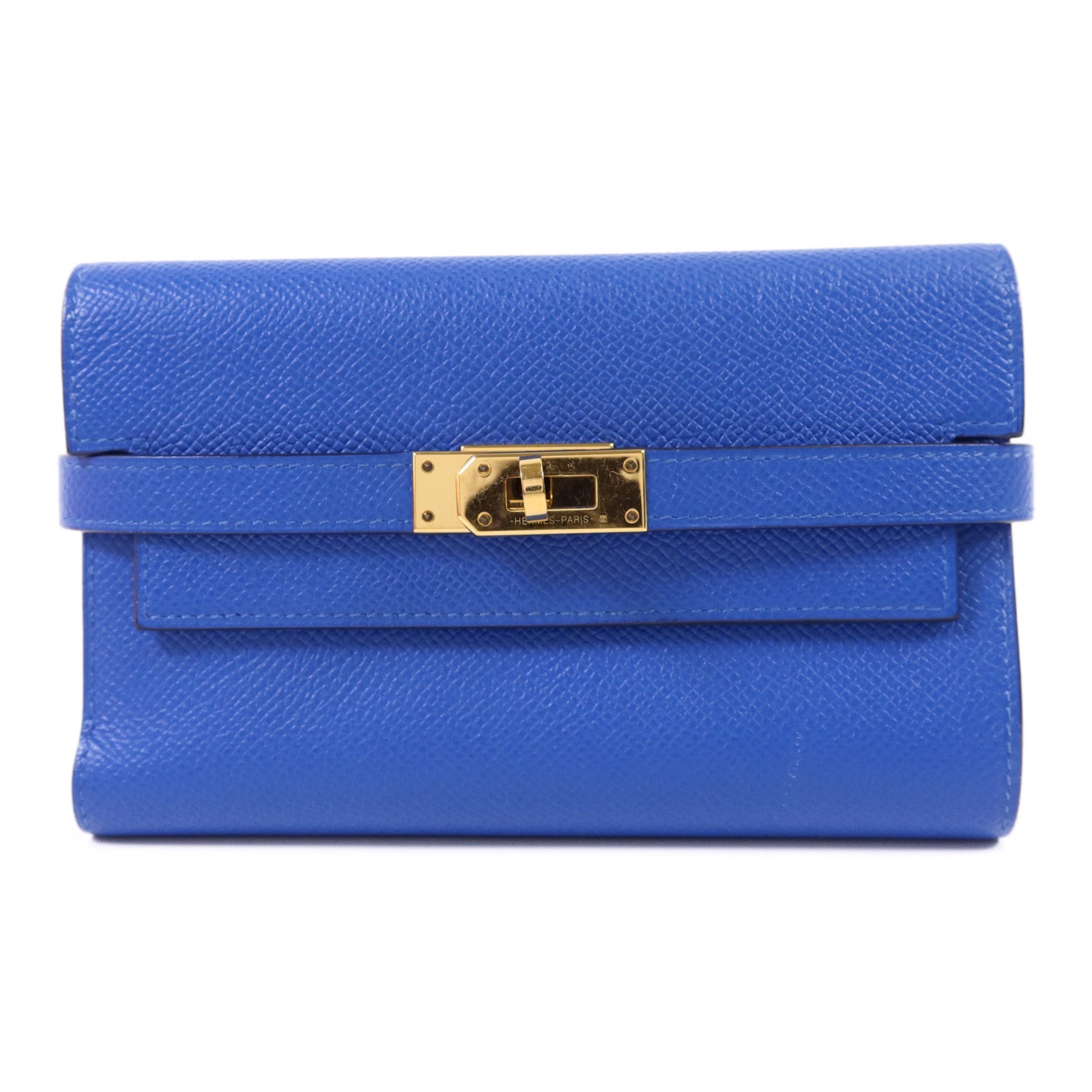 HERMES Epsom皮革Kelly Short Wallet金扣錢包Blue Zanzibar