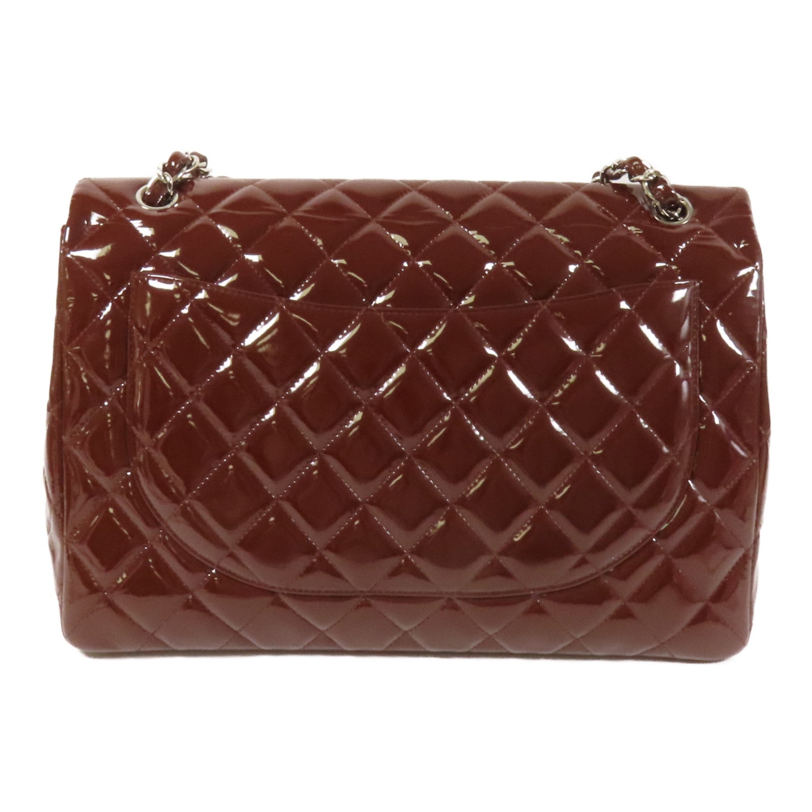 CHANEL 漆皮皮革Maxi Classic銀扣鏈帶肩背袋