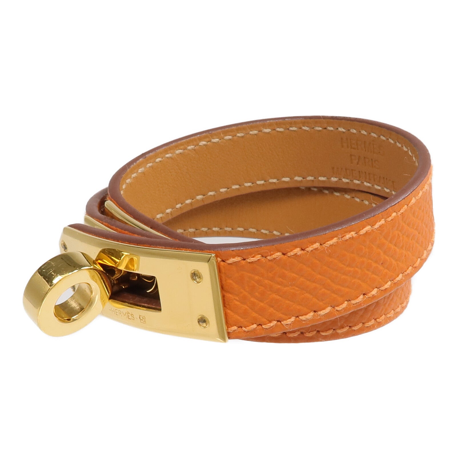 HERMES Epsom皮革Kelly Double Tour Bracelet金扣手帶Orange