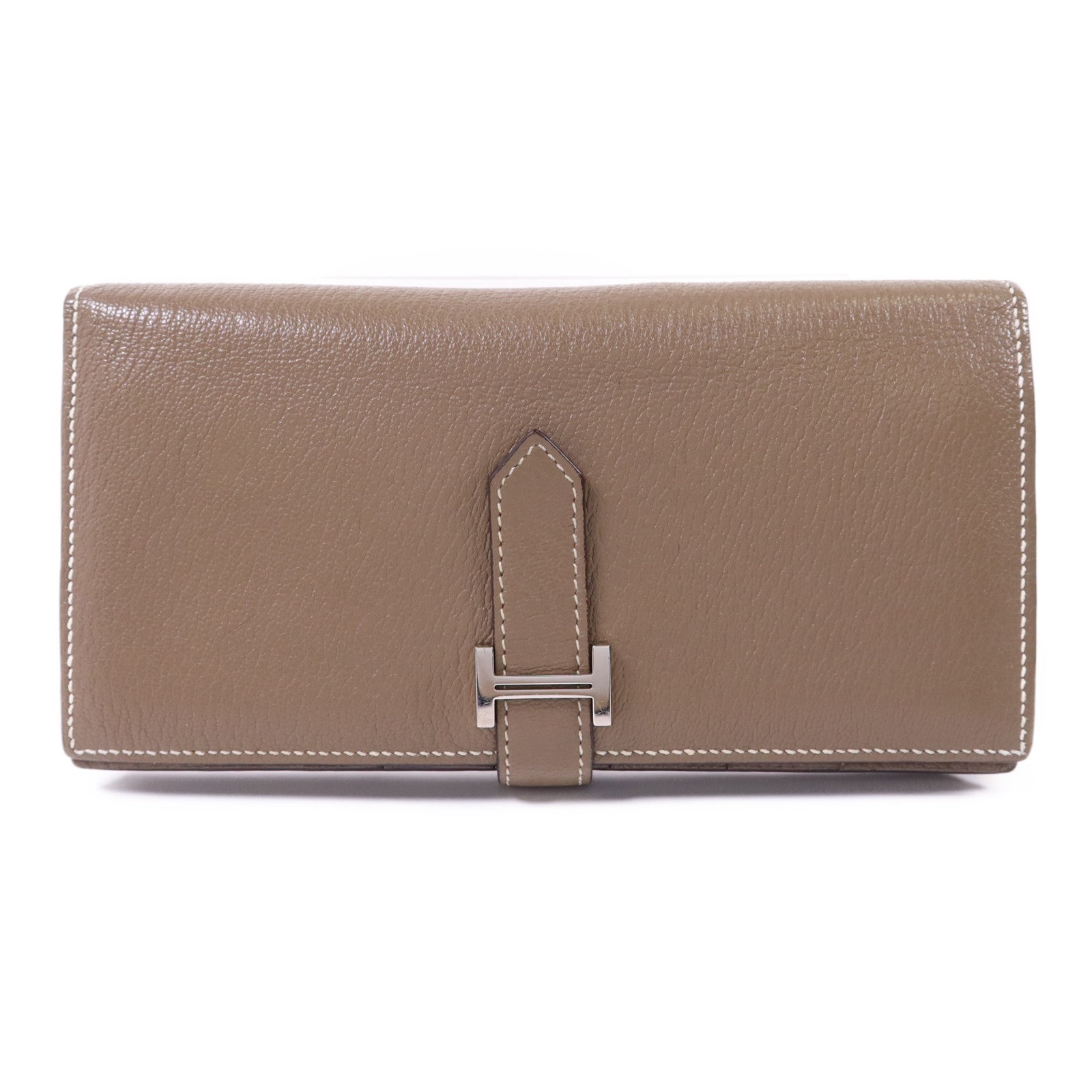 HERMES Chevre皮革Bearn W Snap銀扣長錢包Etoupe
