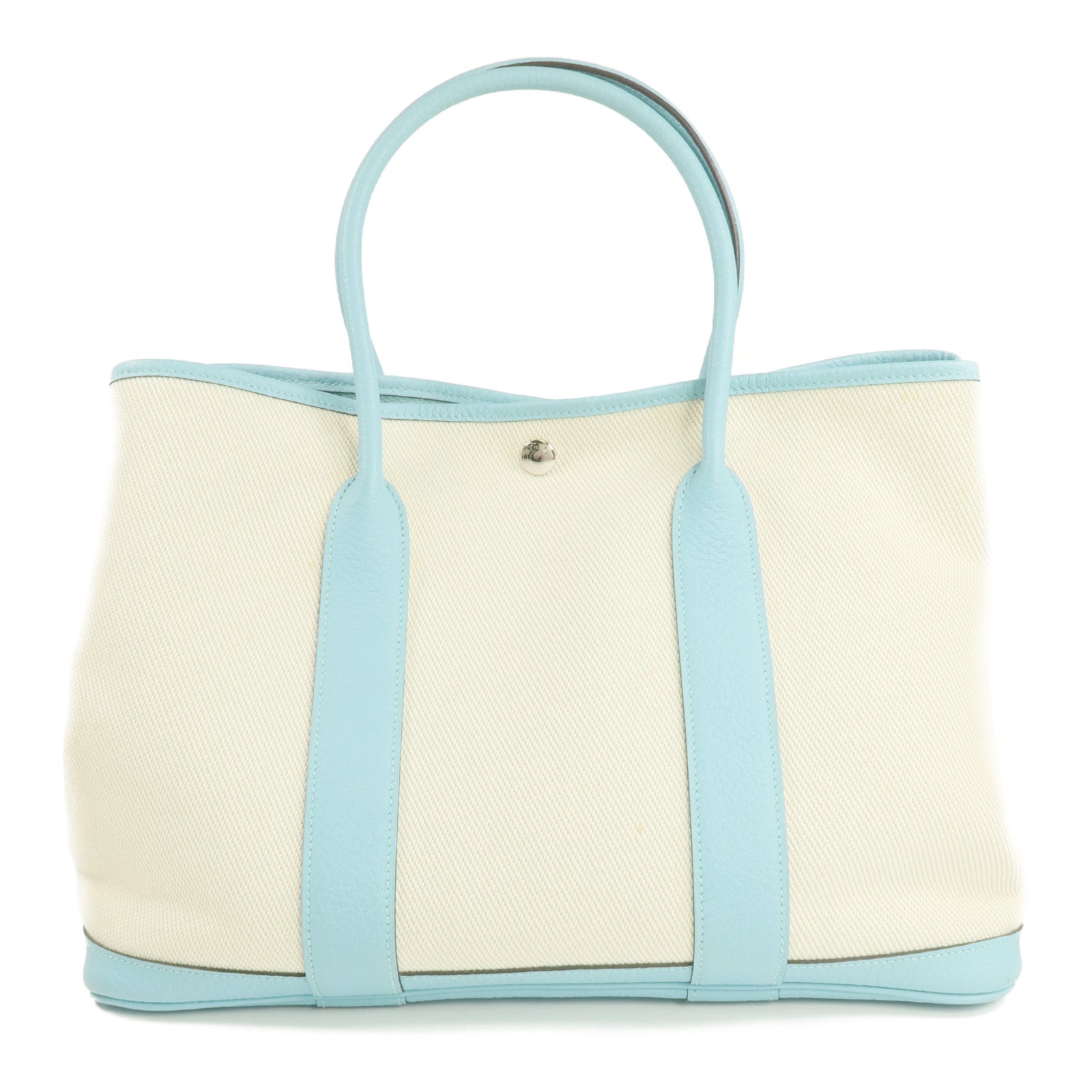 HERMES Negonda皮革/帆布Garden Party PM銀扣手挽袋Bleu Atoll