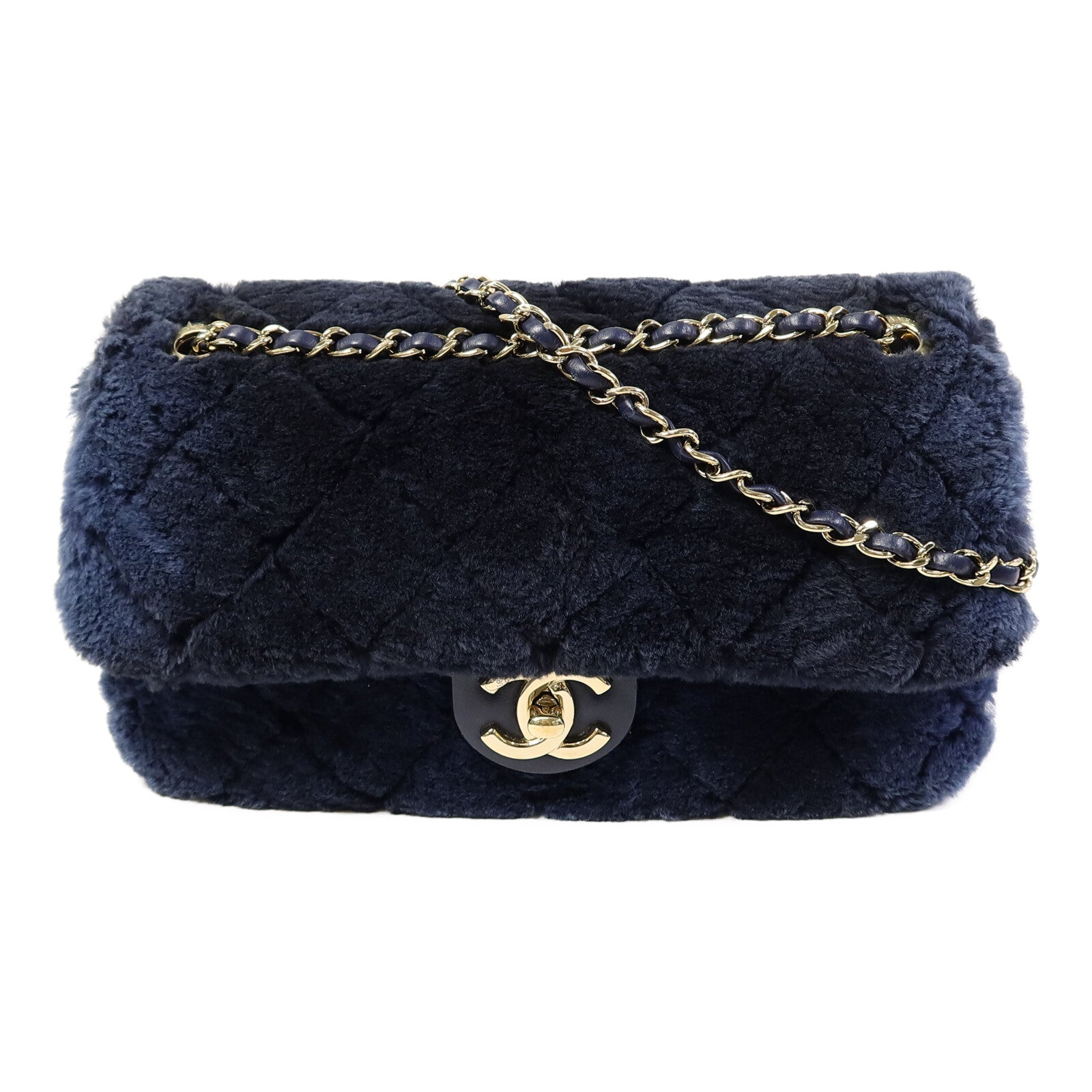 CHANEL 兔毛Flap Bag Medium鏈帶手挽肩背兩用袋