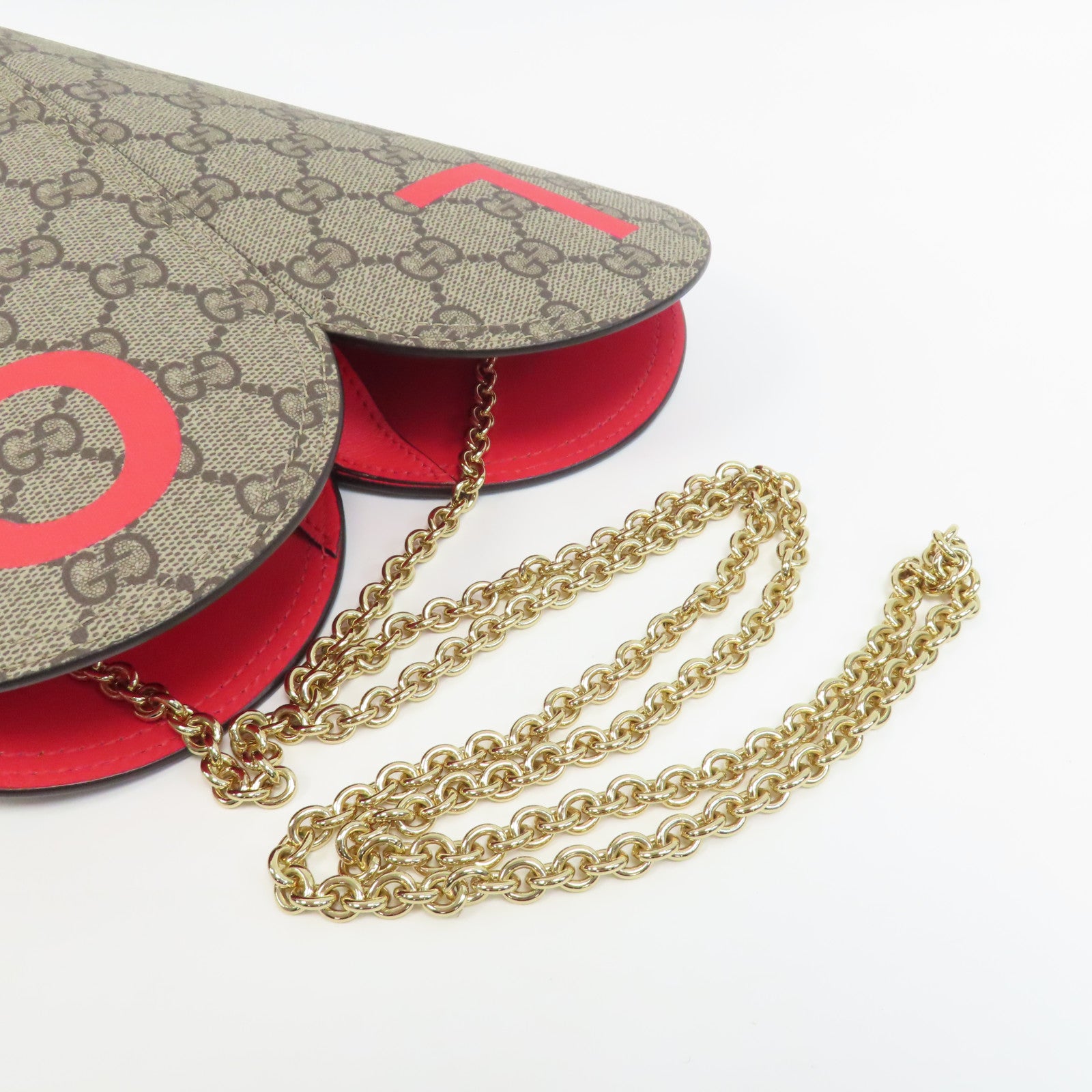 GUCCI 【激減優惠】塗層帆布Chain Shoulder金扣鏈帶肩背袋啡色/紅色