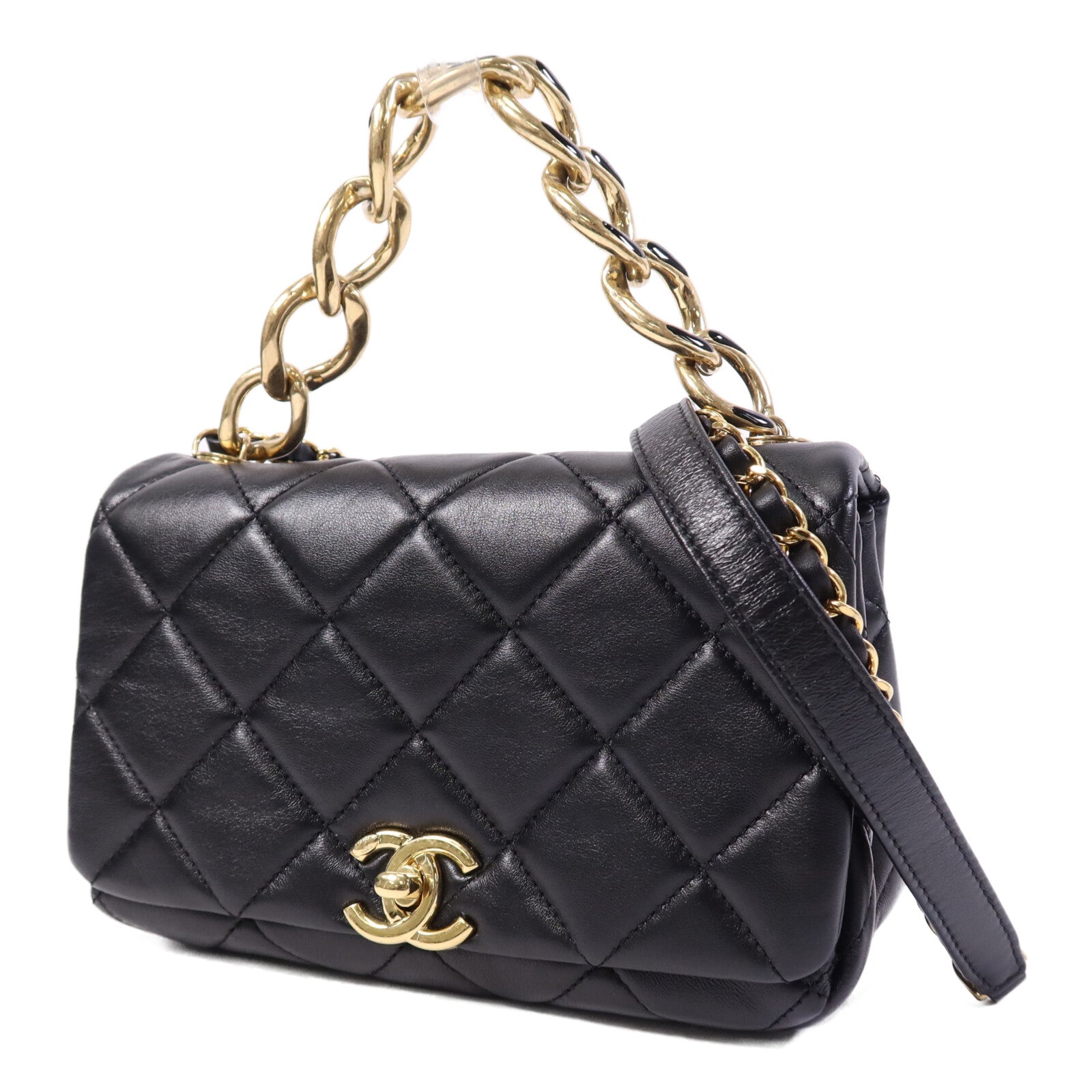 CHANEL 羊皮皮革Chain Shoulder Bag金扣鏈帶手挽肩背兩用袋