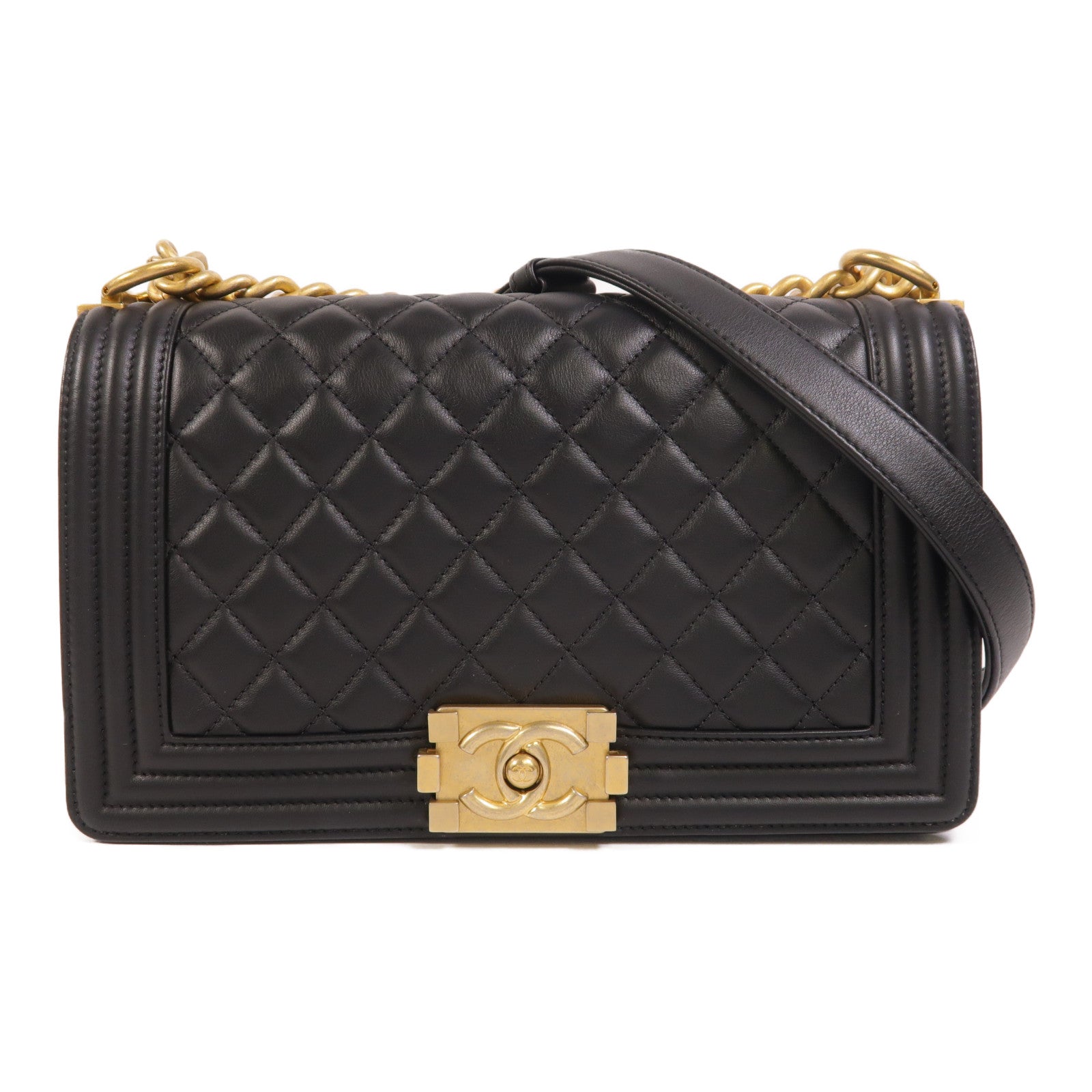 CHANEL 羊皮皮革Boy 25金扣鏈帶肩背袋