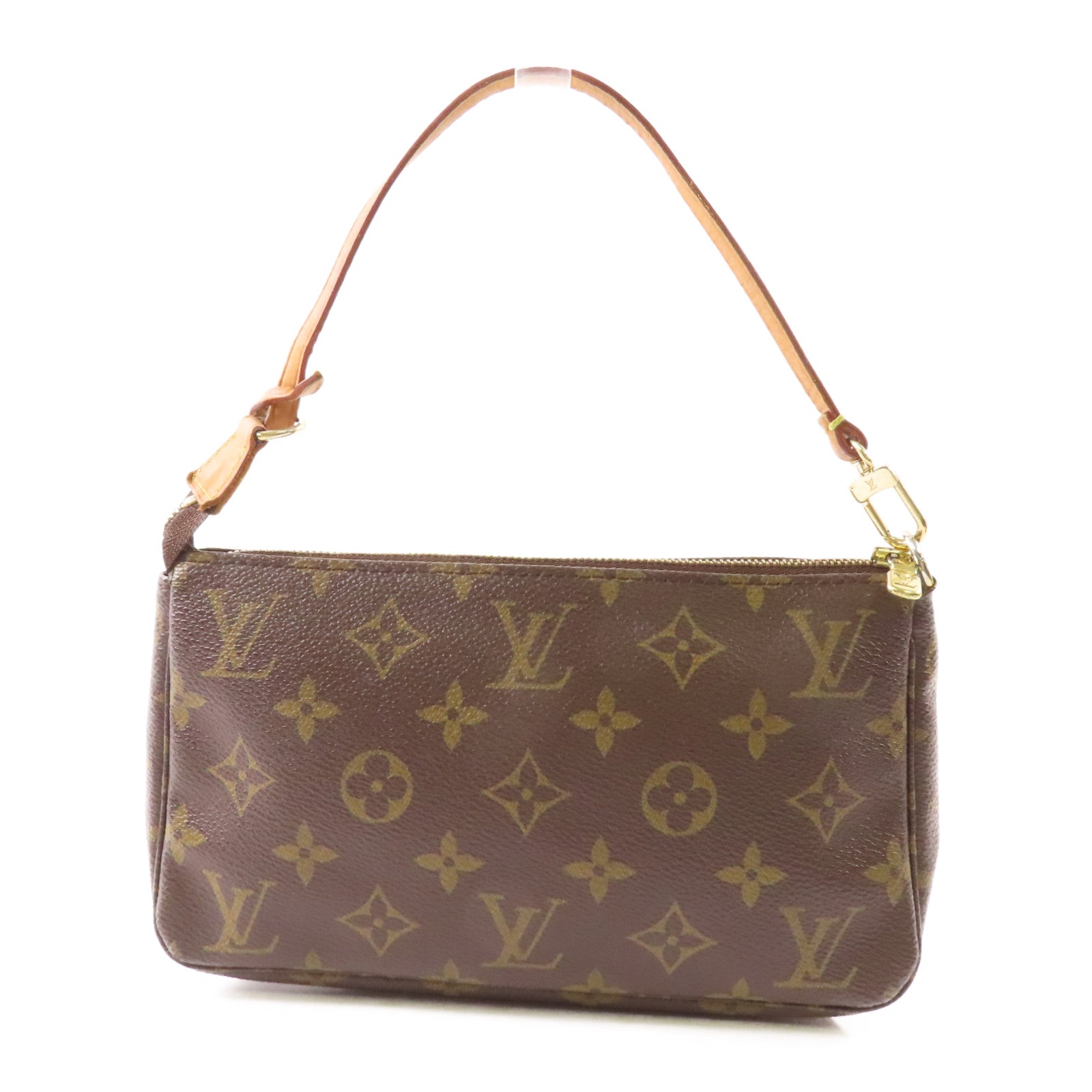 LOUIS VUITTON Monogram Pochette Accessoires金扣手挽袋棕色