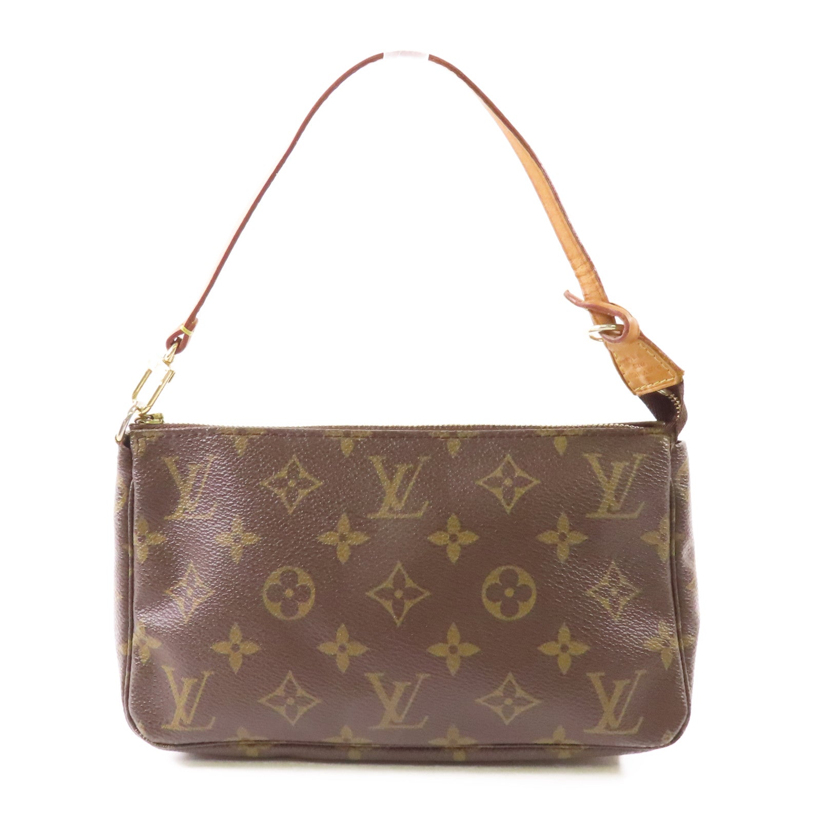 LOUIS VUITTON Monogram Pochette Accessoires金扣手挽袋棕色