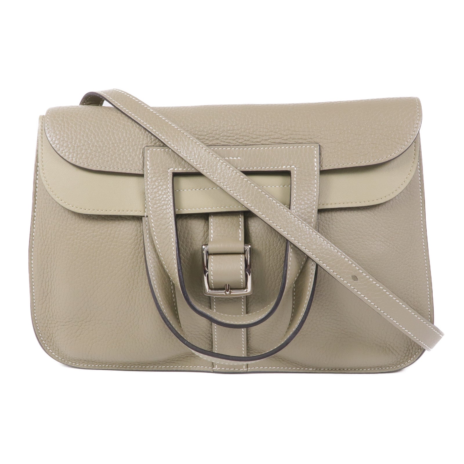 HERMES Clemence皮革Halzan 31銀扣手挽肩背兩用袋Sauge