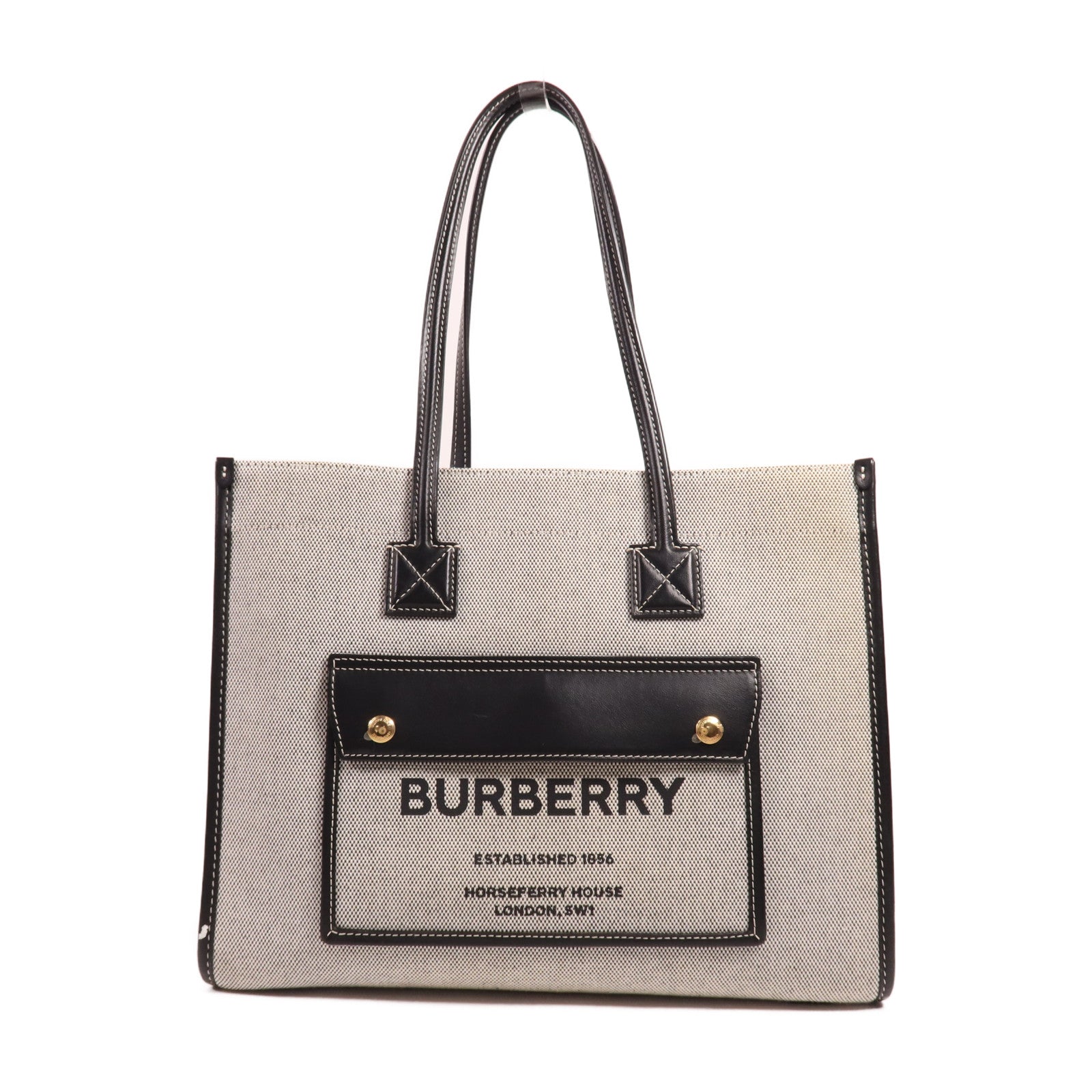 BURBERRY 帆布/皮革Freya Tote金扣肩背袋