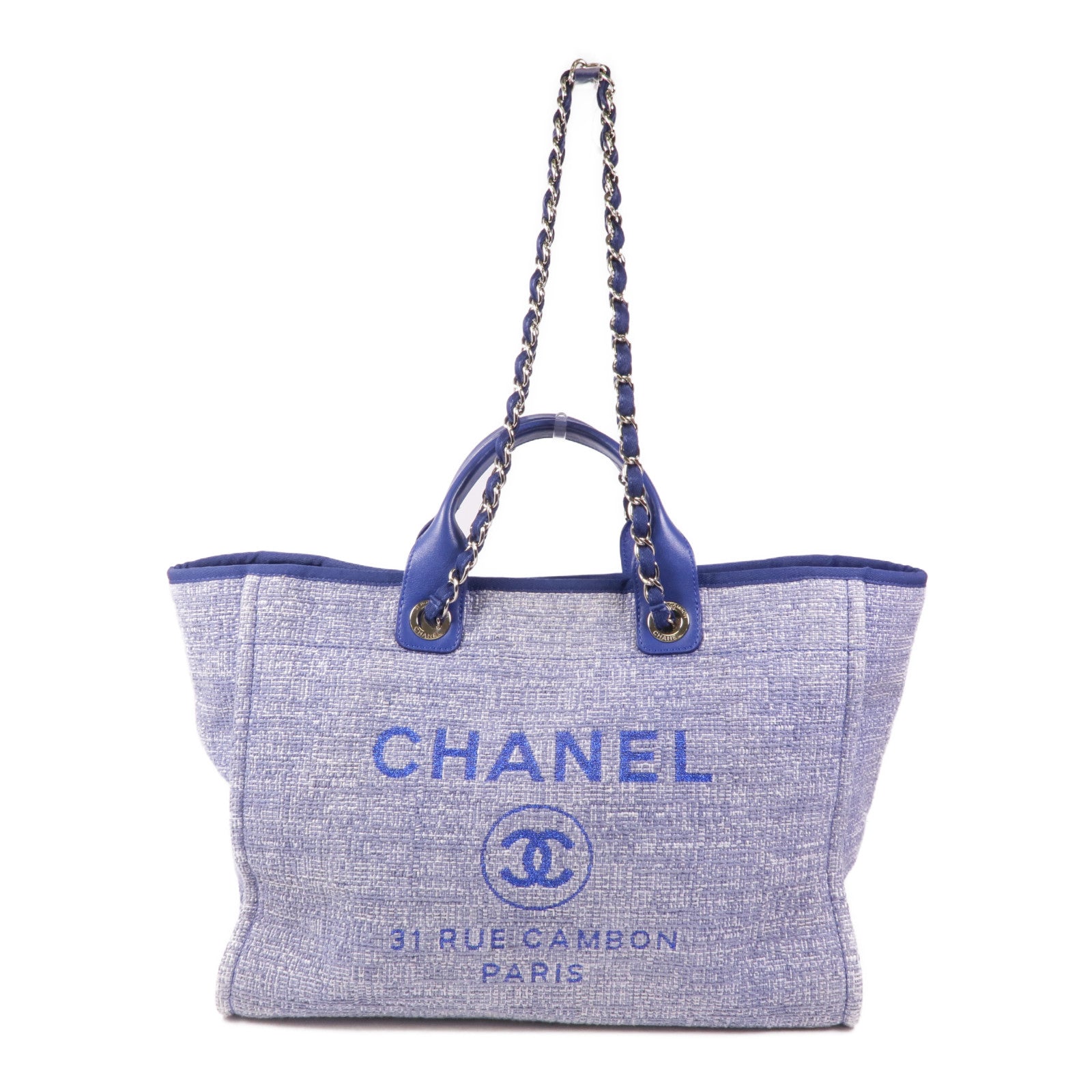 CHANEL 帆布Deauville Tote銀扣肩背袋