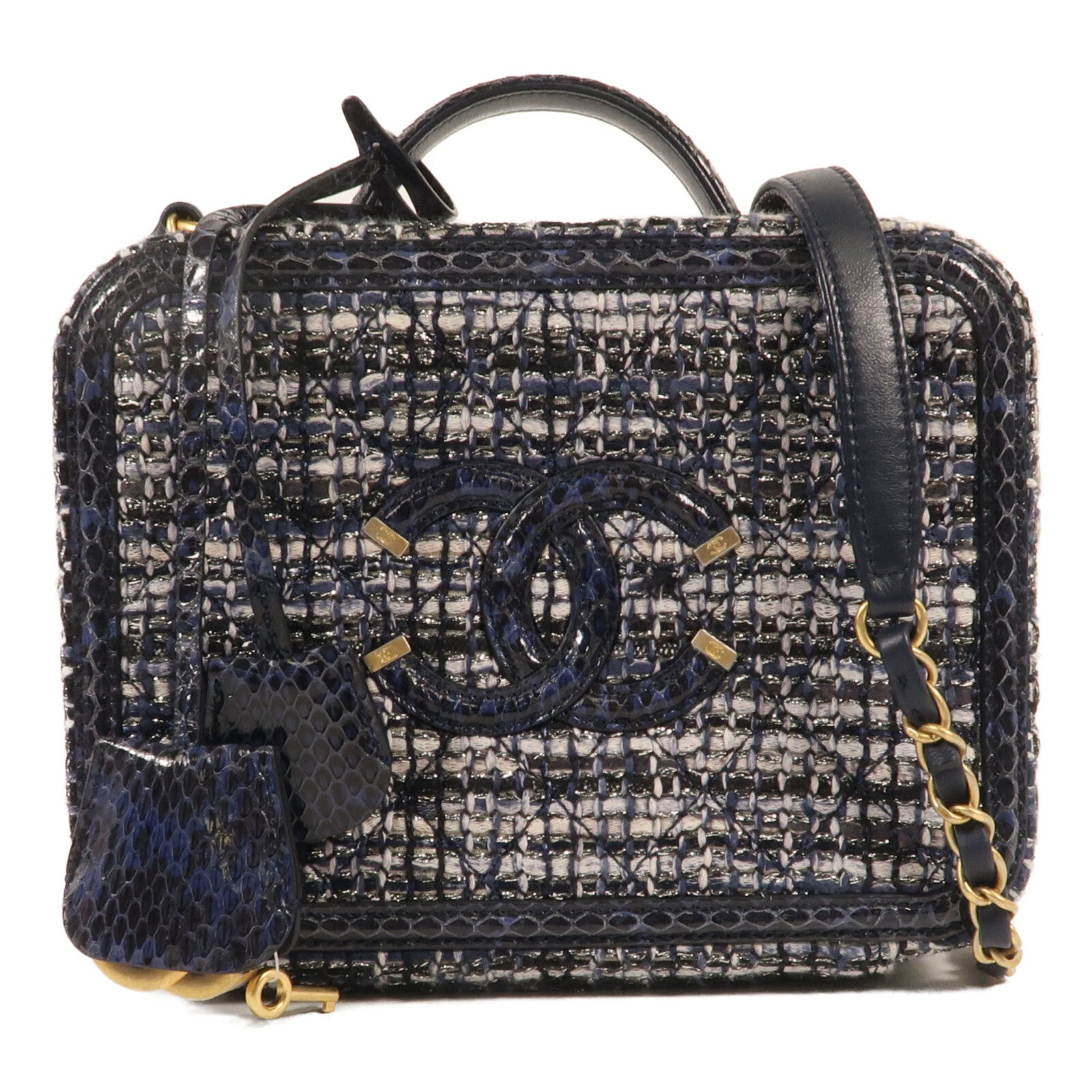 CHANEL 斜紋軟呢Vanity Case金扣鏈帶肩背袋