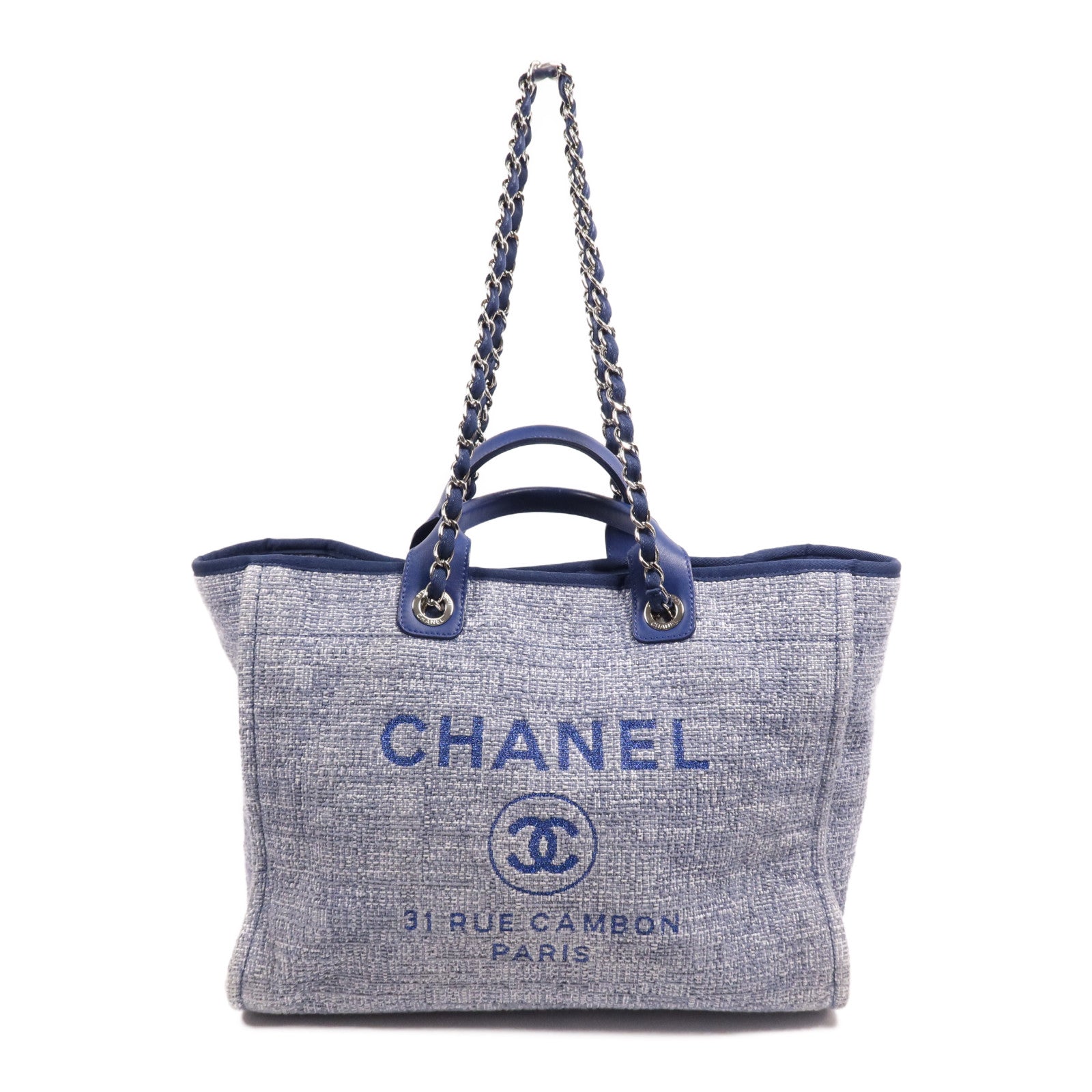 CHANEL 帆布Deauville Tote Bag銀扣鏈帶手挽肩背兩用袋