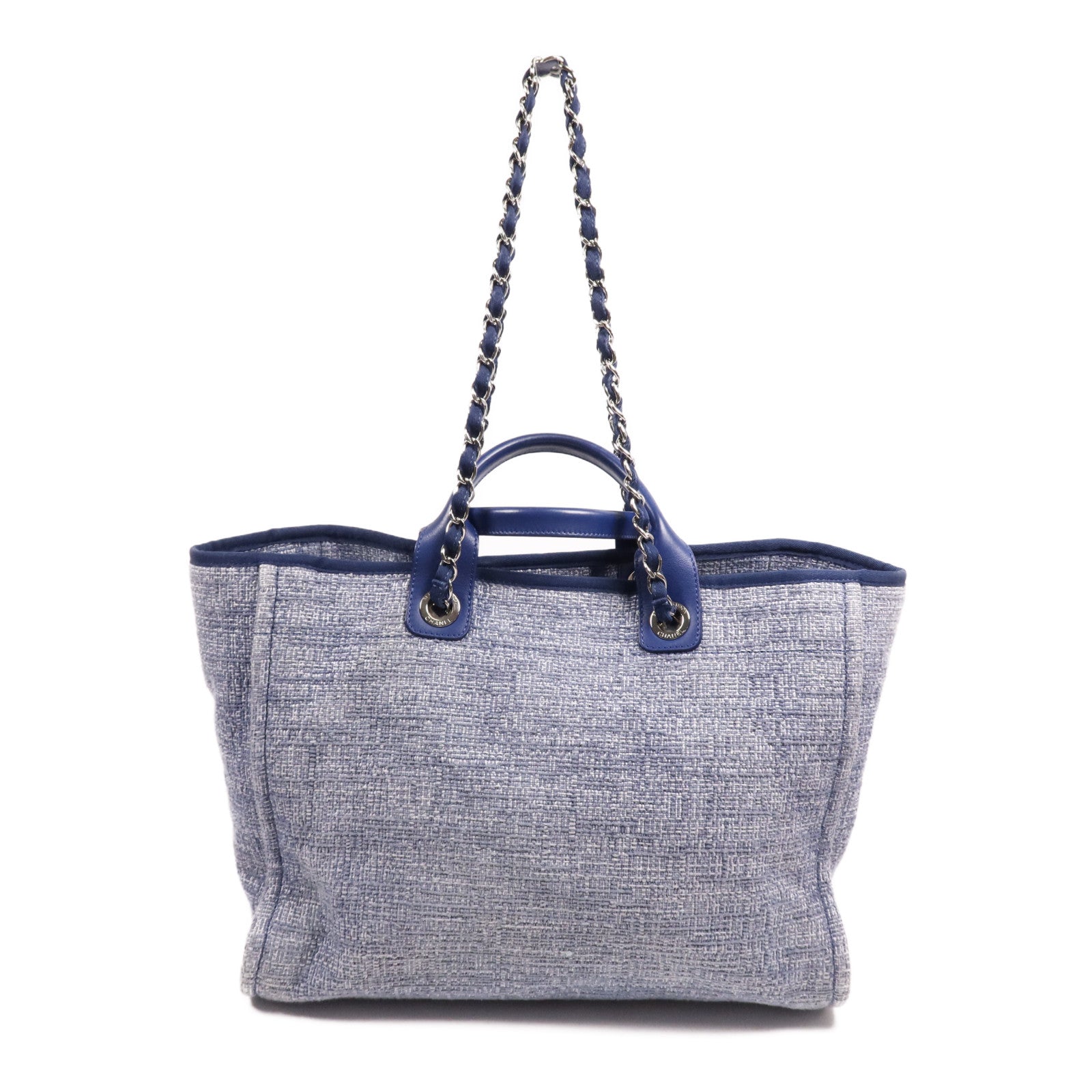 CHANEL 帆布Deauville Tote Bag銀扣鏈帶手挽肩背兩用袋