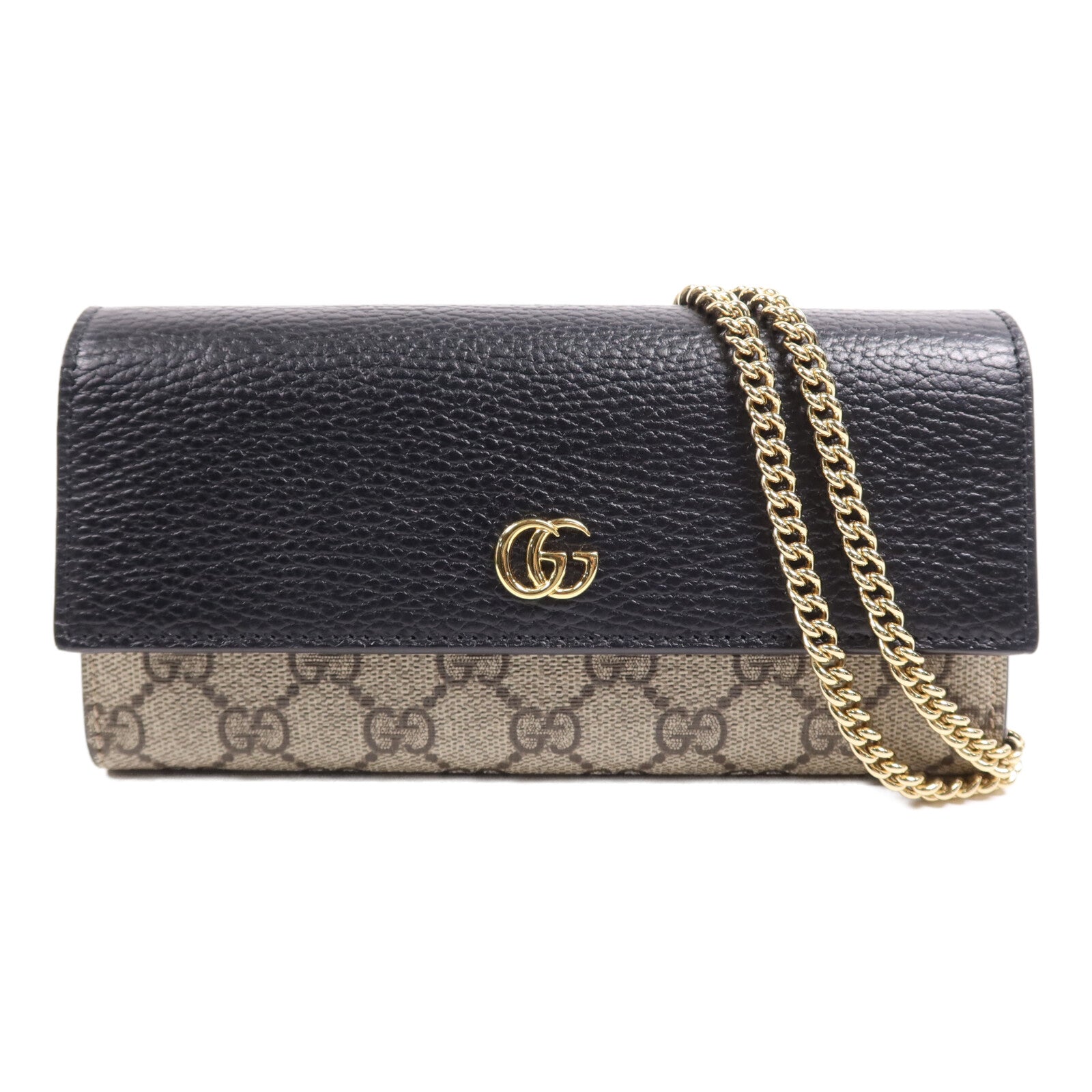 GUCCI 塗層帆布/皮革GG Marmont Wallet金扣鏈帶錢包