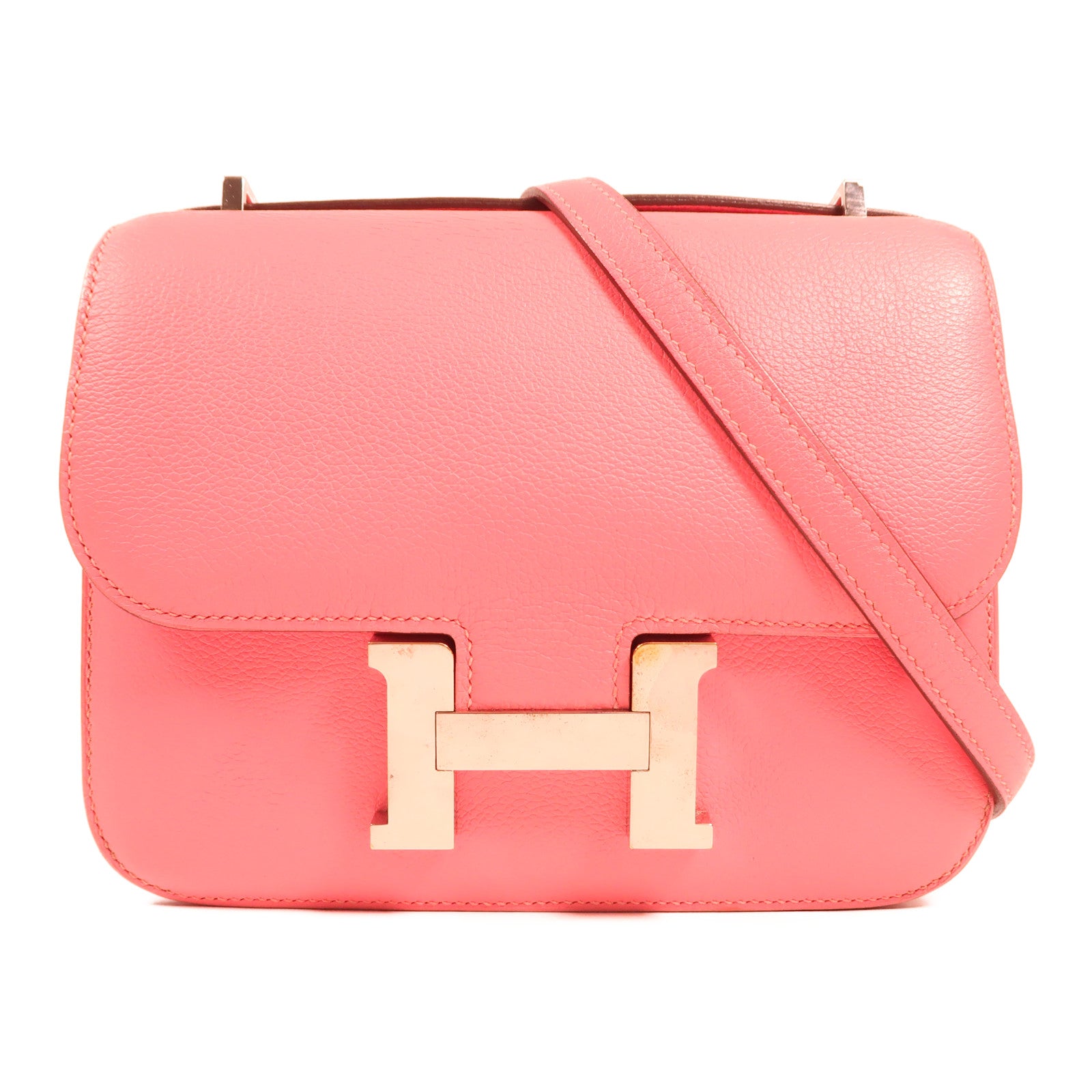 HERMES Evercolor皮革Constance Mini銀扣肩背袋Rose Azalea