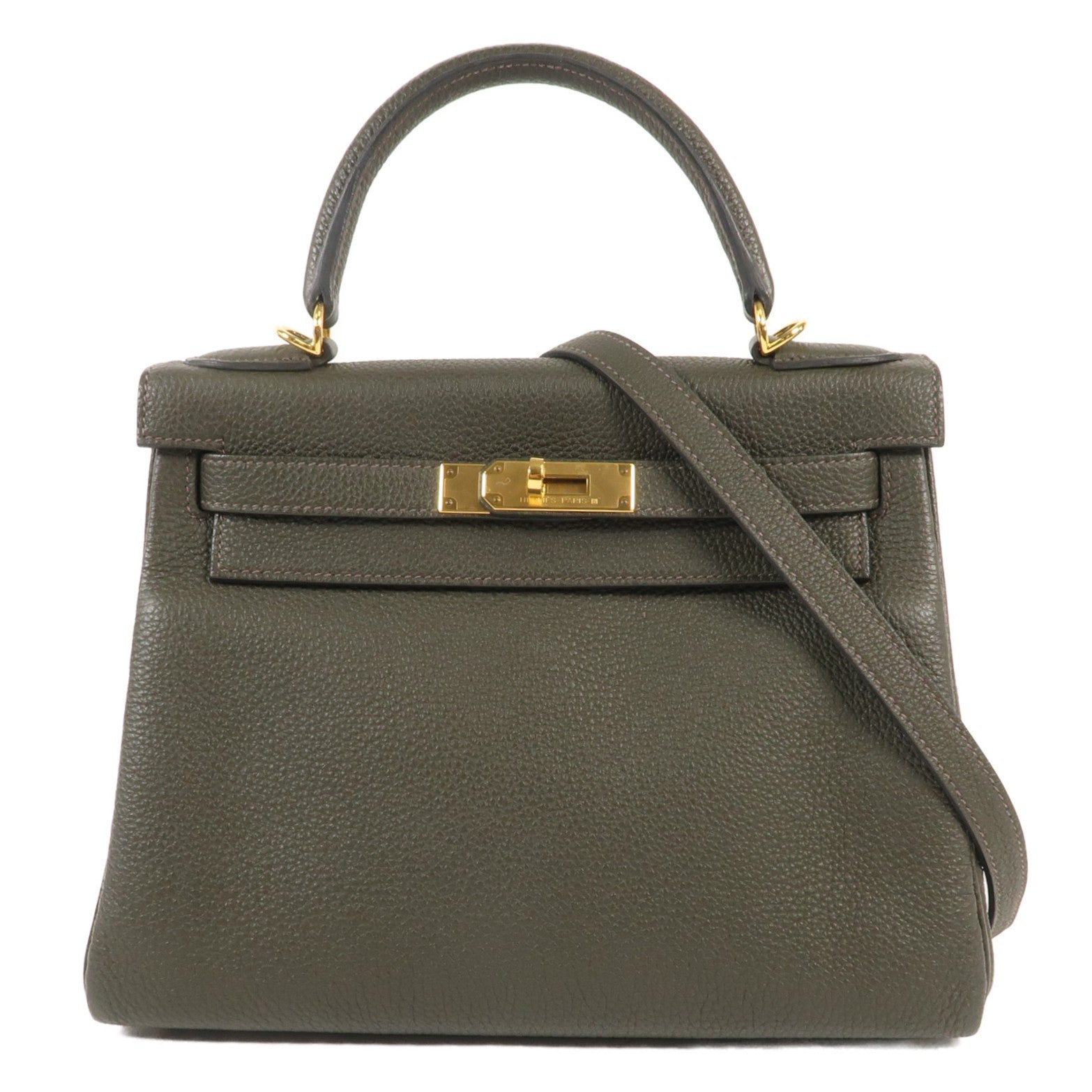 HERMES Togo皮革Kelly 28金扣手挽肩背兩用袋C6 Vert de Gris